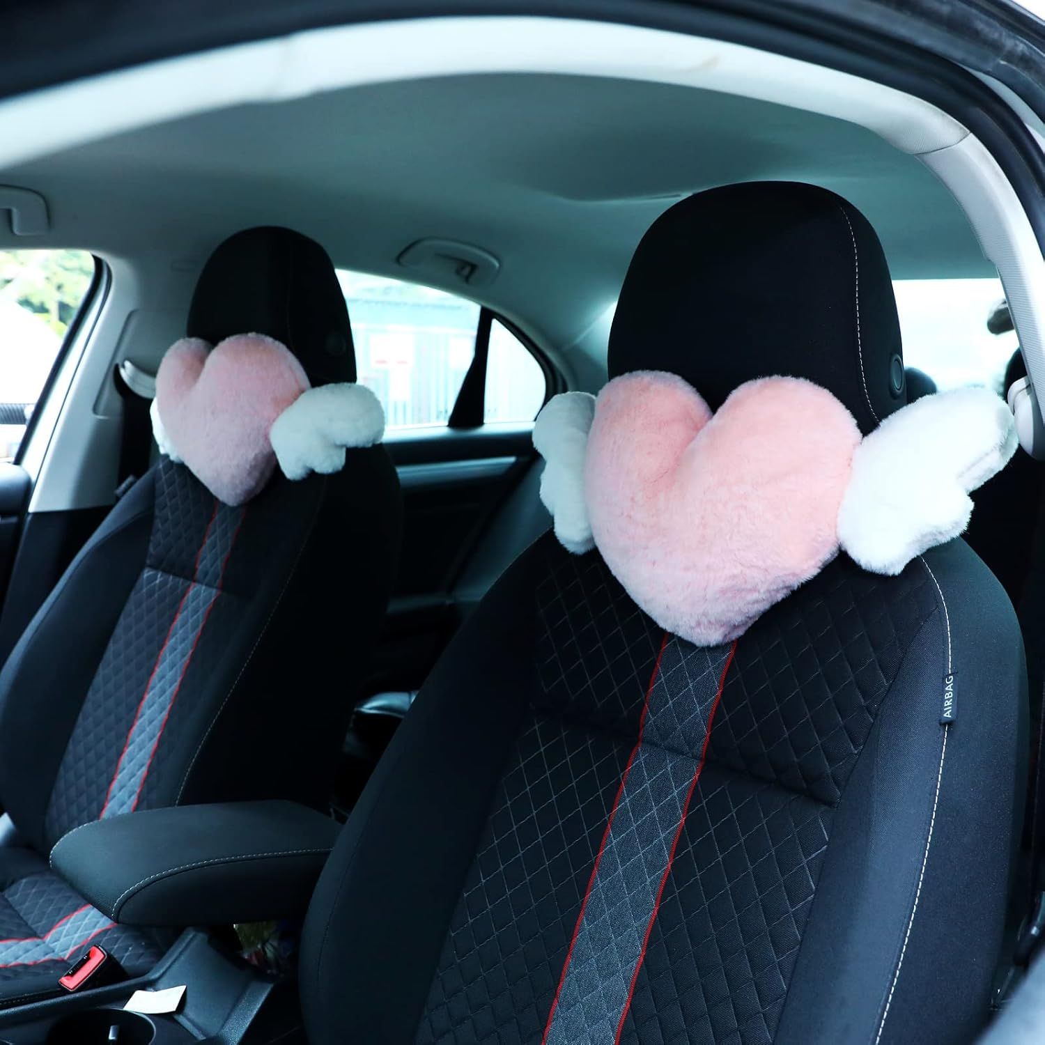 2 Pcs Plush Heart Shaped Pillow with Angel Wings Car Headrest Soft Comfortable Seat Pillow for Driving Travelling Room Office Car Decor, 19.7 x 8.3 Inch(White, Pink) - Image 1