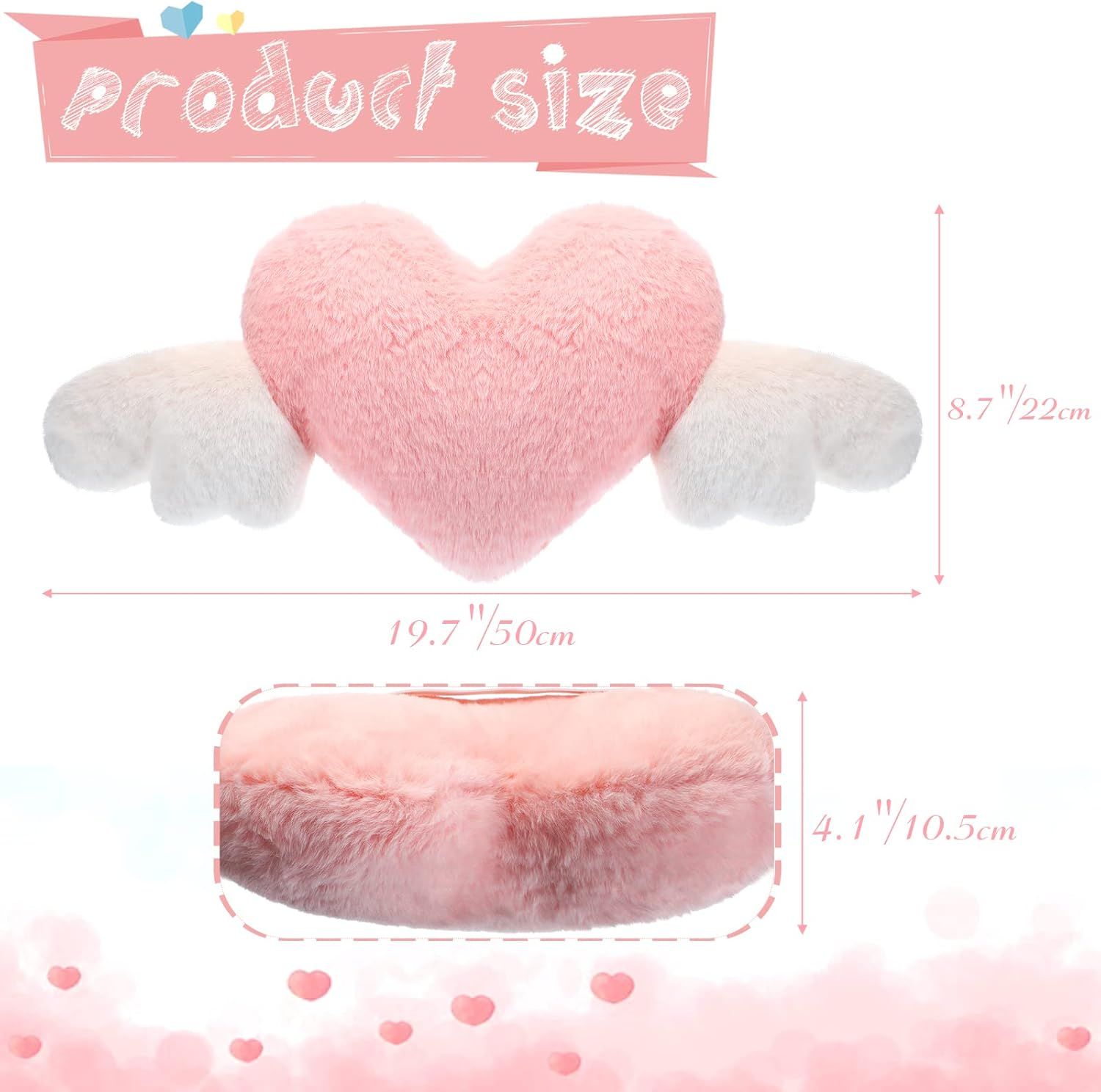 2 Pcs Plush Heart Shaped Pillow with Angel Wings Car Headrest Soft Comfortable Seat Pillow for Driving Travelling Room Office Car Decor, 19.7 x 8.3 Inch(White, Pink) - Image 2
