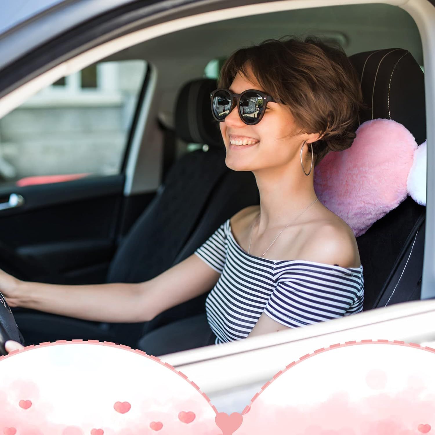 2 Pcs Plush Heart Shaped Pillow with Angel Wings Car Headrest Soft Comfortable Seat Pillow for Driving Travelling Room Office Car Decor, 19.7 x 8.3 Inch(White, Pink) - Image 3