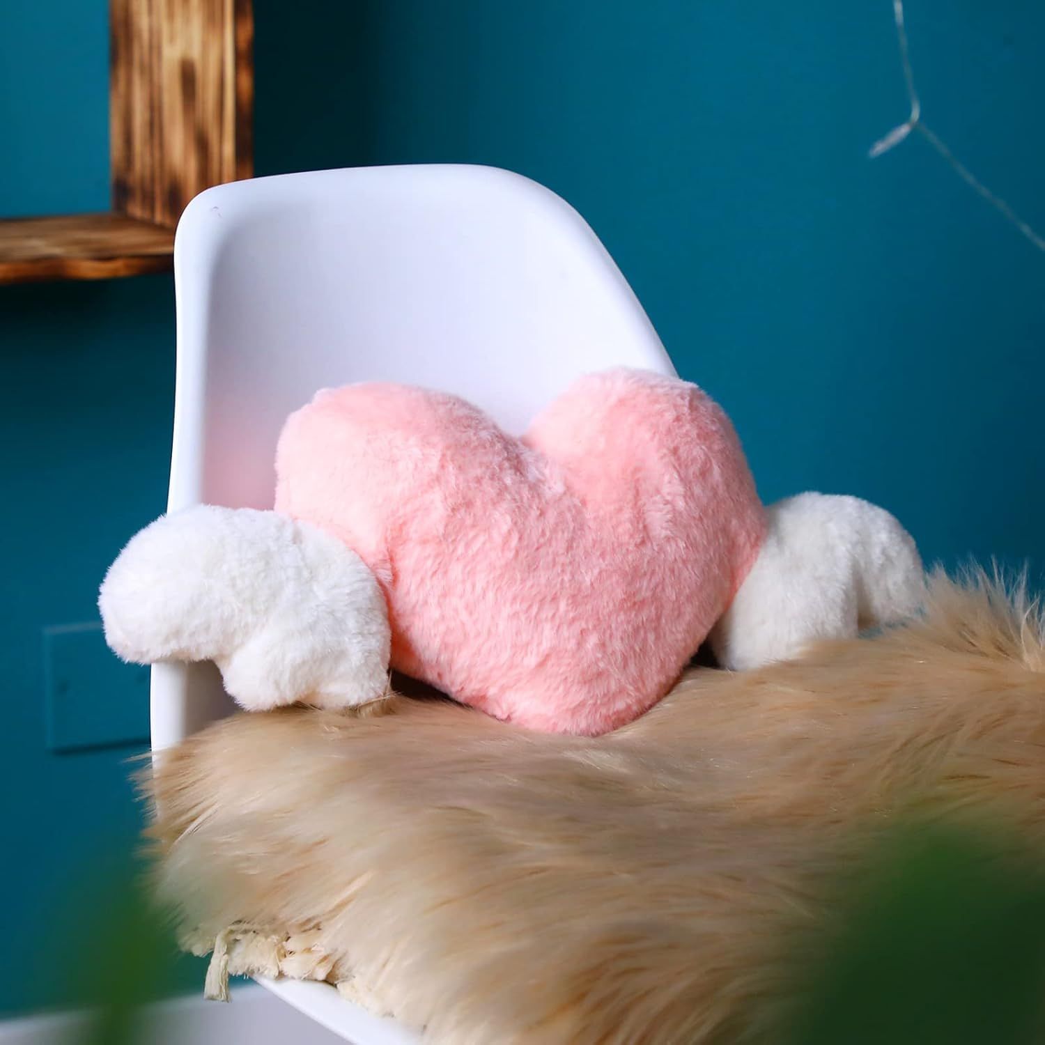 2 Pcs Plush Heart Shaped Pillow with Angel Wings Car Headrest Soft Comfortable Seat Pillow for Driving Travelling Room Office Car Decor, 19.7 x 8.3 Inch(White, Pink) - Image 4