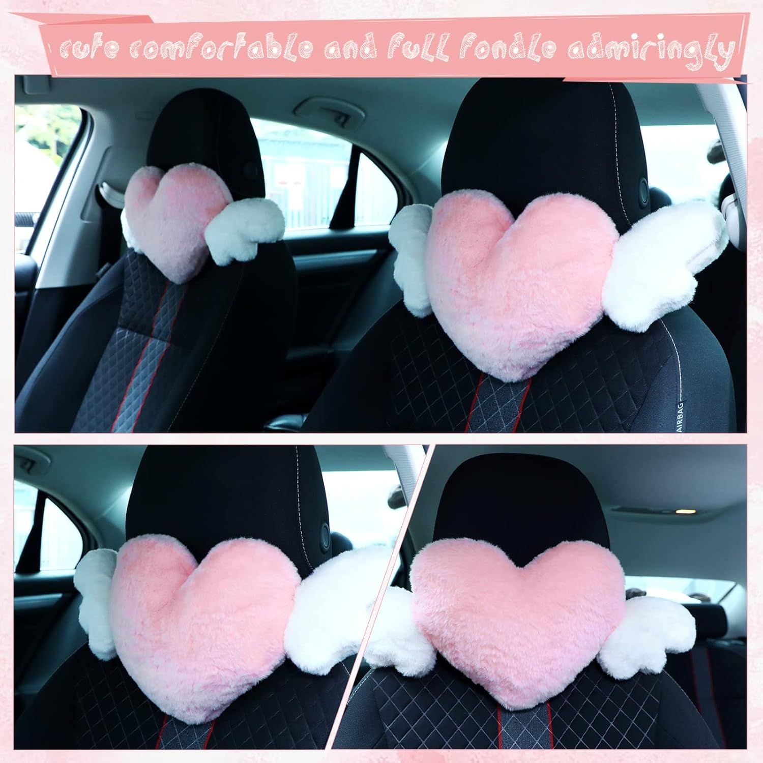 2 Pcs Plush Heart Shaped Pillow with Angel Wings Car Headrest Soft Comfortable Seat Pillow for Driving Travelling Room Office Car Decor, 19.7 x 8.3 Inch(White, Pink) - Image 5