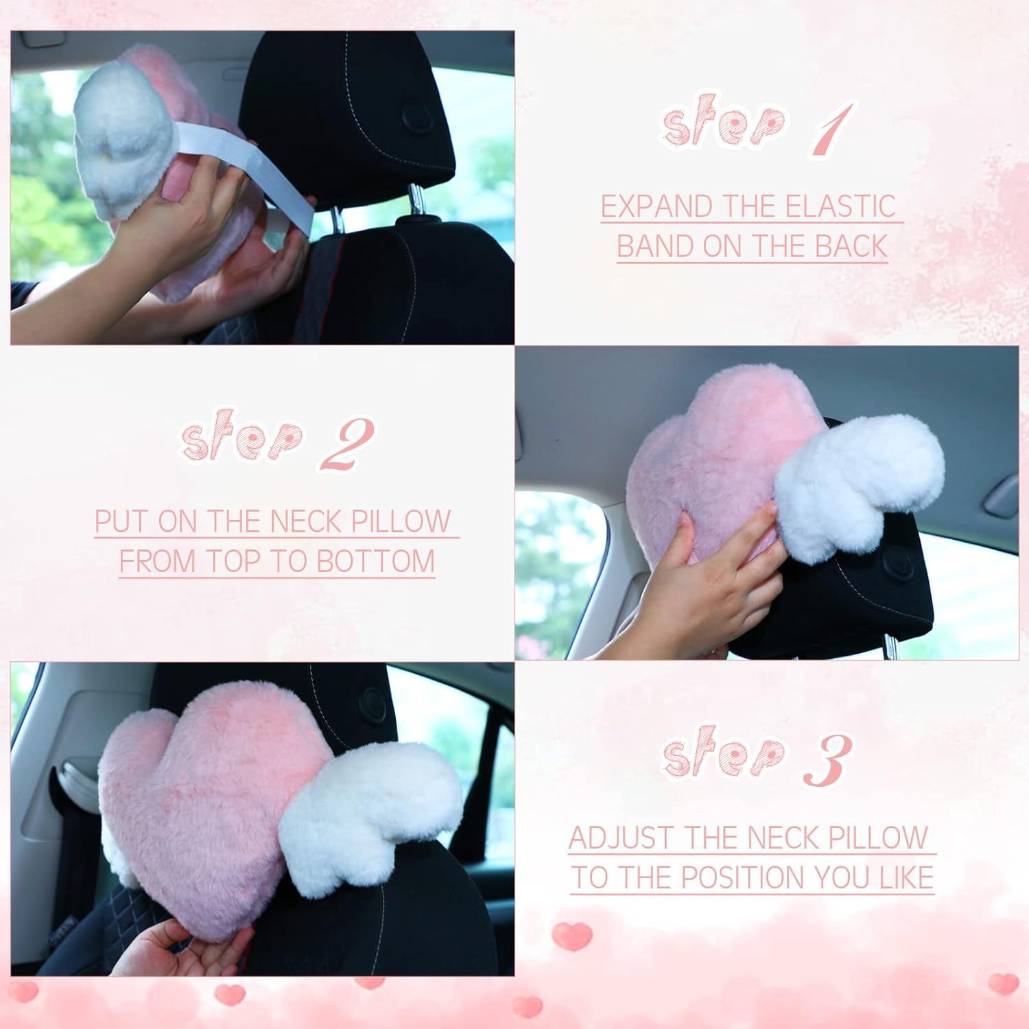 2 Pcs Plush Heart Shaped Pillow with Angel Wings Car Headrest Soft Comfortable Seat Pillow for Driving Travelling Room Office Car Decor, 19.7 x 8.3 Inch(White, Pink) - Image 6