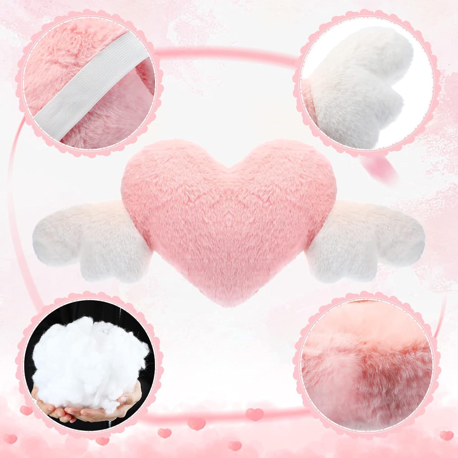 2 Pcs Plush Heart Shaped Pillow with Angel Wings Car Headrest Soft Comfortable Seat Pillow for Driving Travelling Room Office Car Decor, 19.7 x 8.3 Inch(White, Pink) - Image 7