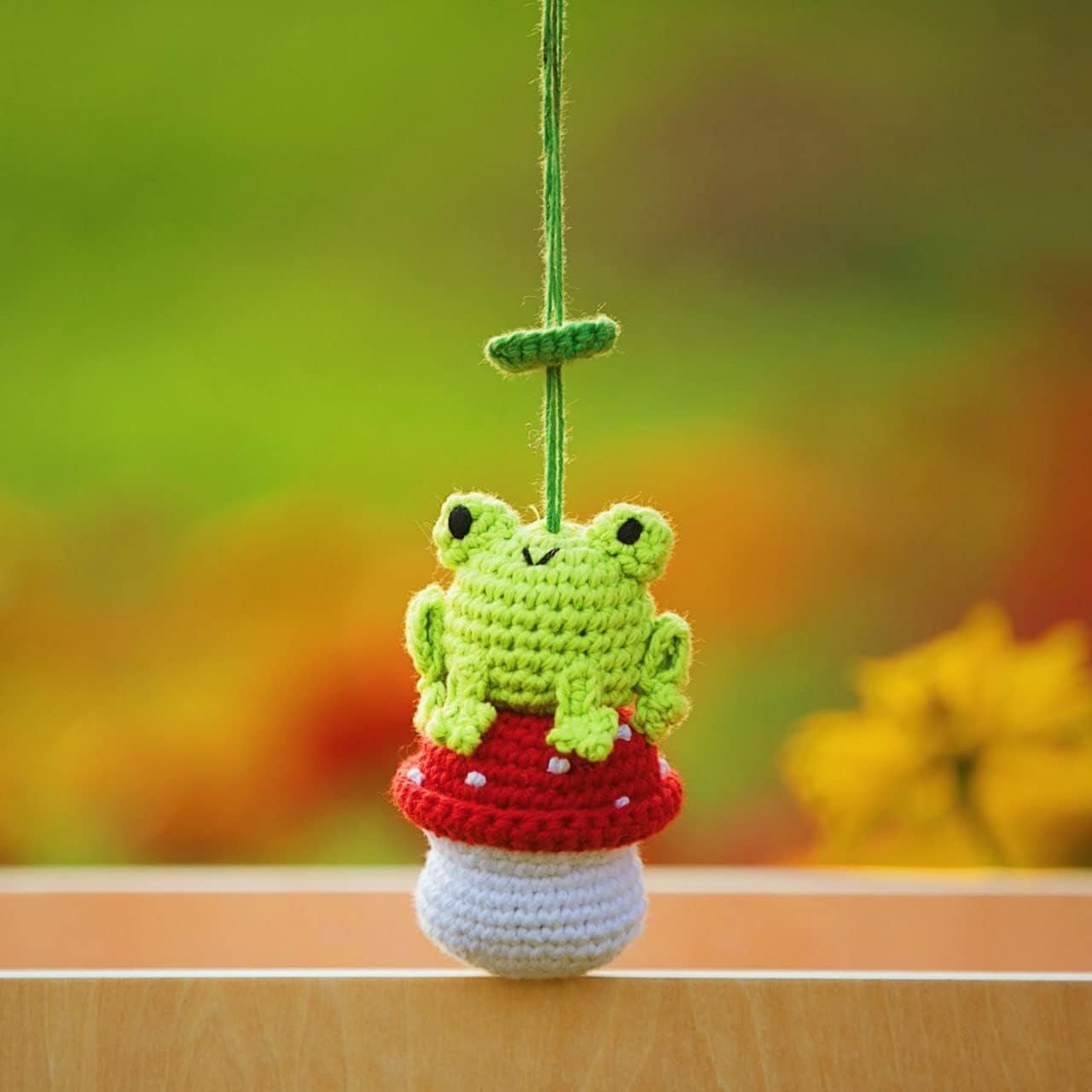Crochet Frog and Mushroom Ornament, Accessories for Rear View Window, Handmade Hanging Car Charm, Automotive Interior Decorations, House Decoration (Frog and Mushroom) - Image 1