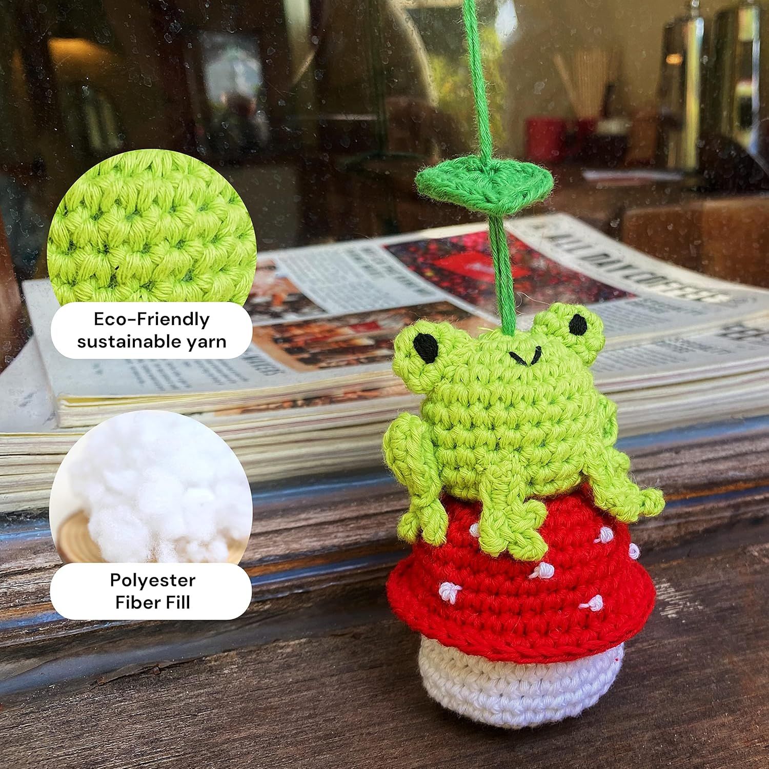 Crochet Frog and Mushroom Ornament, Accessories for Rear View Window, Handmade Hanging Car Charm, Automotive Interior Decorations, House Decoration (Frog and Mushroom) - Image 3