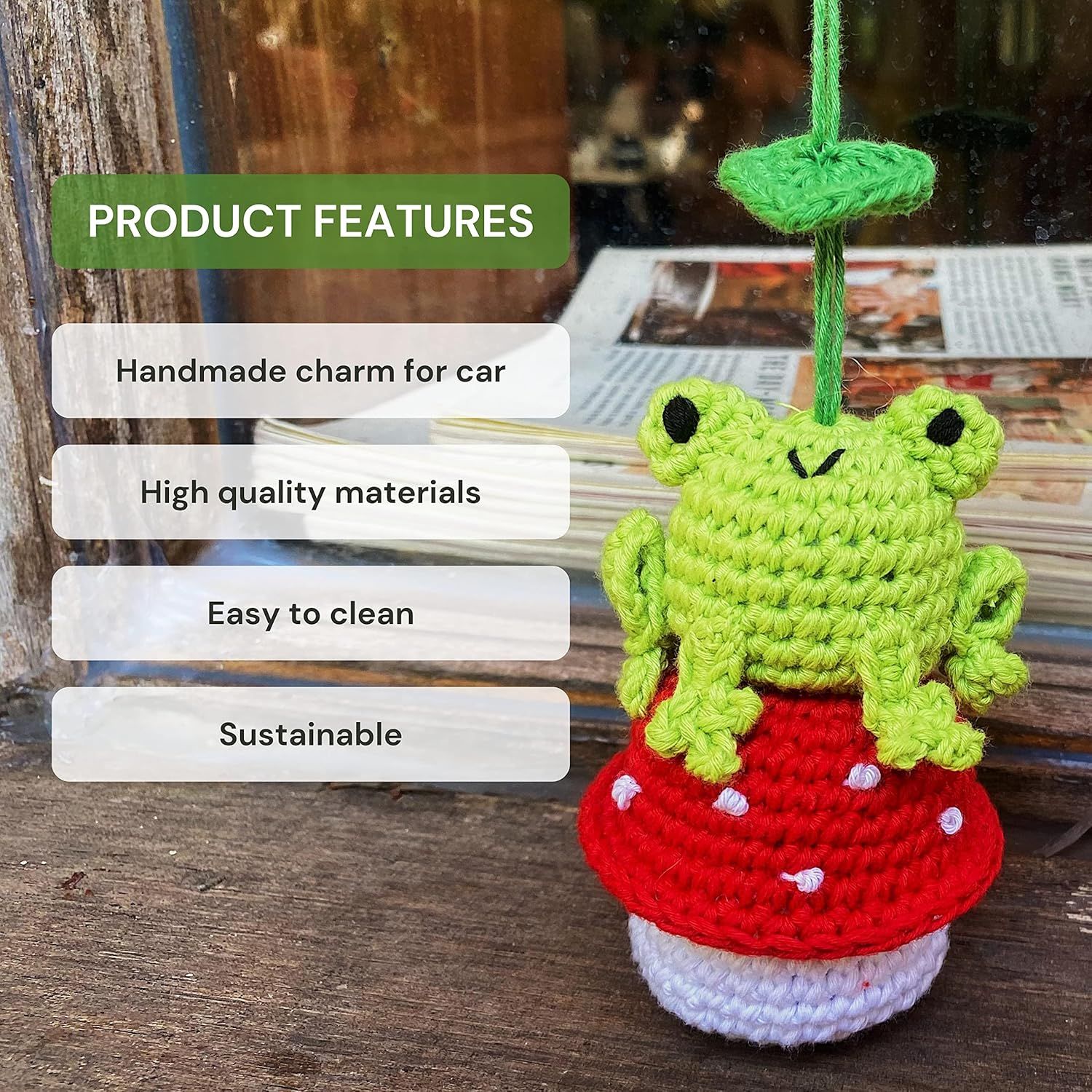 Crochet Frog and Mushroom Ornament, Accessories for Rear View Window, Handmade Hanging Car Charm, Automotive Interior Decorations, House Decoration (Frog and Mushroom) - Image 4