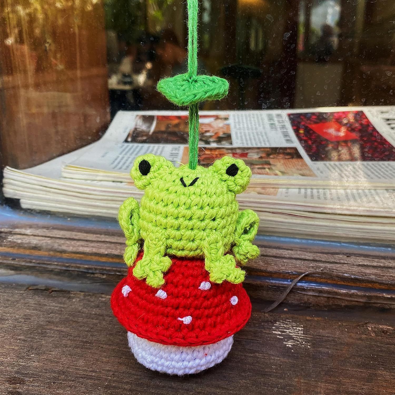Crochet Frog and Mushroom Ornament, Accessories for Rear View Window, Handmade Hanging Car Charm, Automotive Interior Decorations, House Decoration (Frog and Mushroom) - Image 5