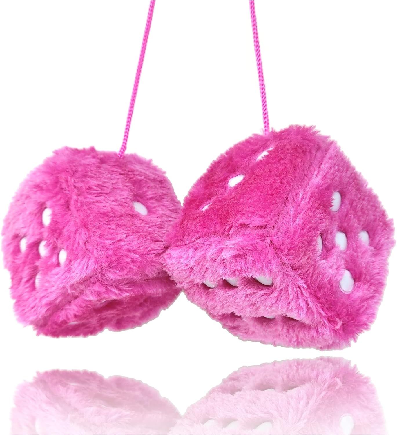 Fuzzy Plush Dice for Car Mirror, Pair of Retro 3” Pink Dice with White Dots for Car Interior Hanging Ornament Decoration - Image 1