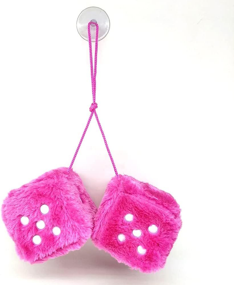 Fuzzy Plush Dice for Car Mirror, Pair of Retro 3” Pink Dice with White Dots for Car Interior Hanging Ornament Decoration - Image 2
