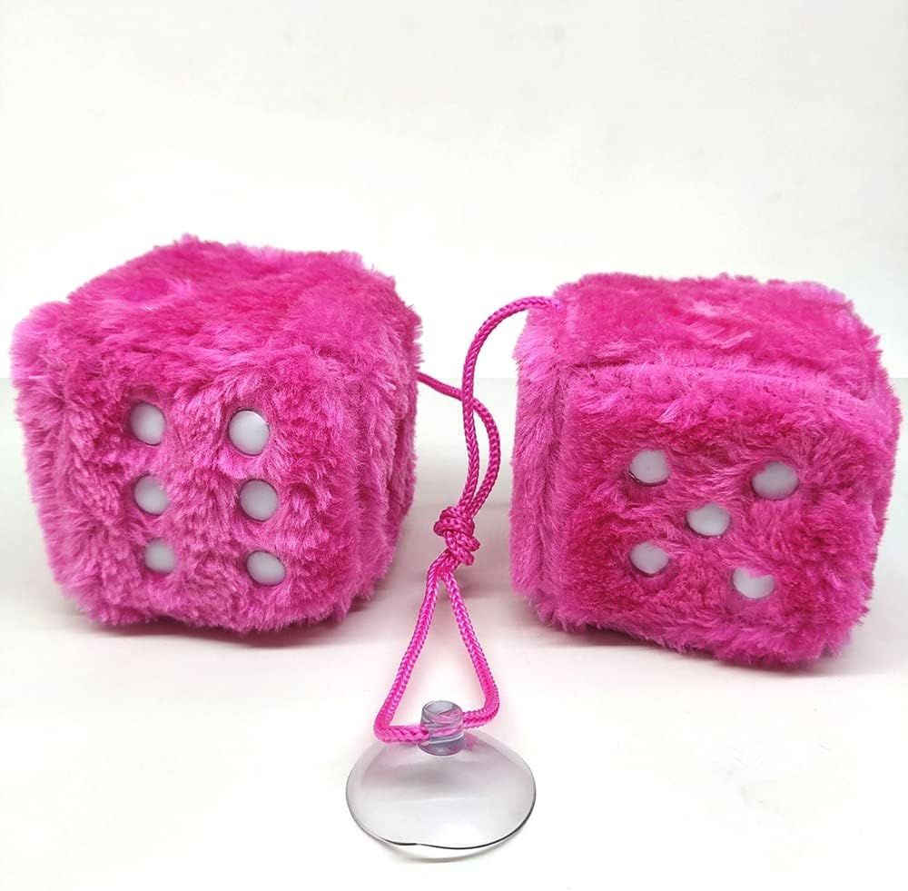 Fuzzy Plush Dice for Car Mirror, Pair of Retro 3” Pink Dice with White Dots for Car Interior Hanging Ornament Decoration - Image 3