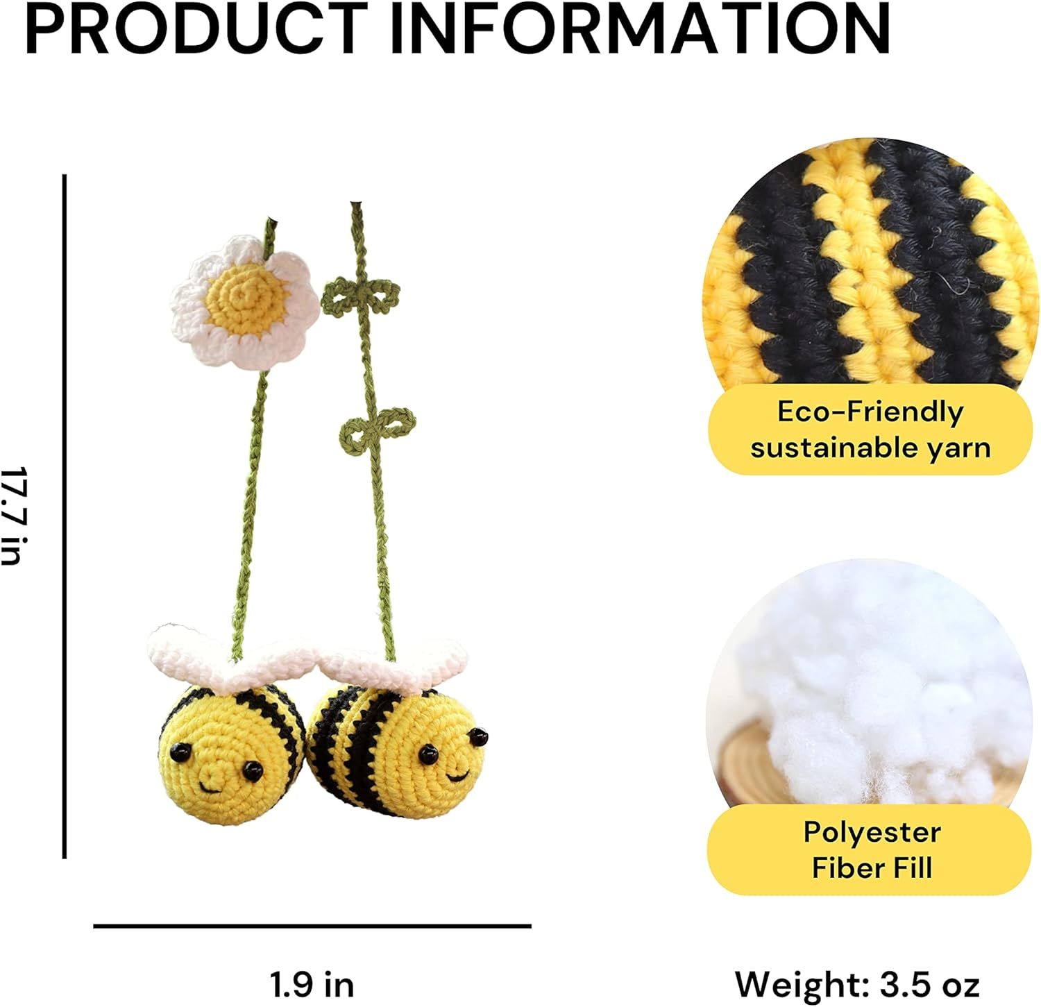 Crochet Bee Car Rear View Mirror Holder, Cute Bumblebee Hanging Ornament, Gift for Bee Lovers, Crochet Lovely Bag Ornament, Automotive Interior Decorations - Image 2
