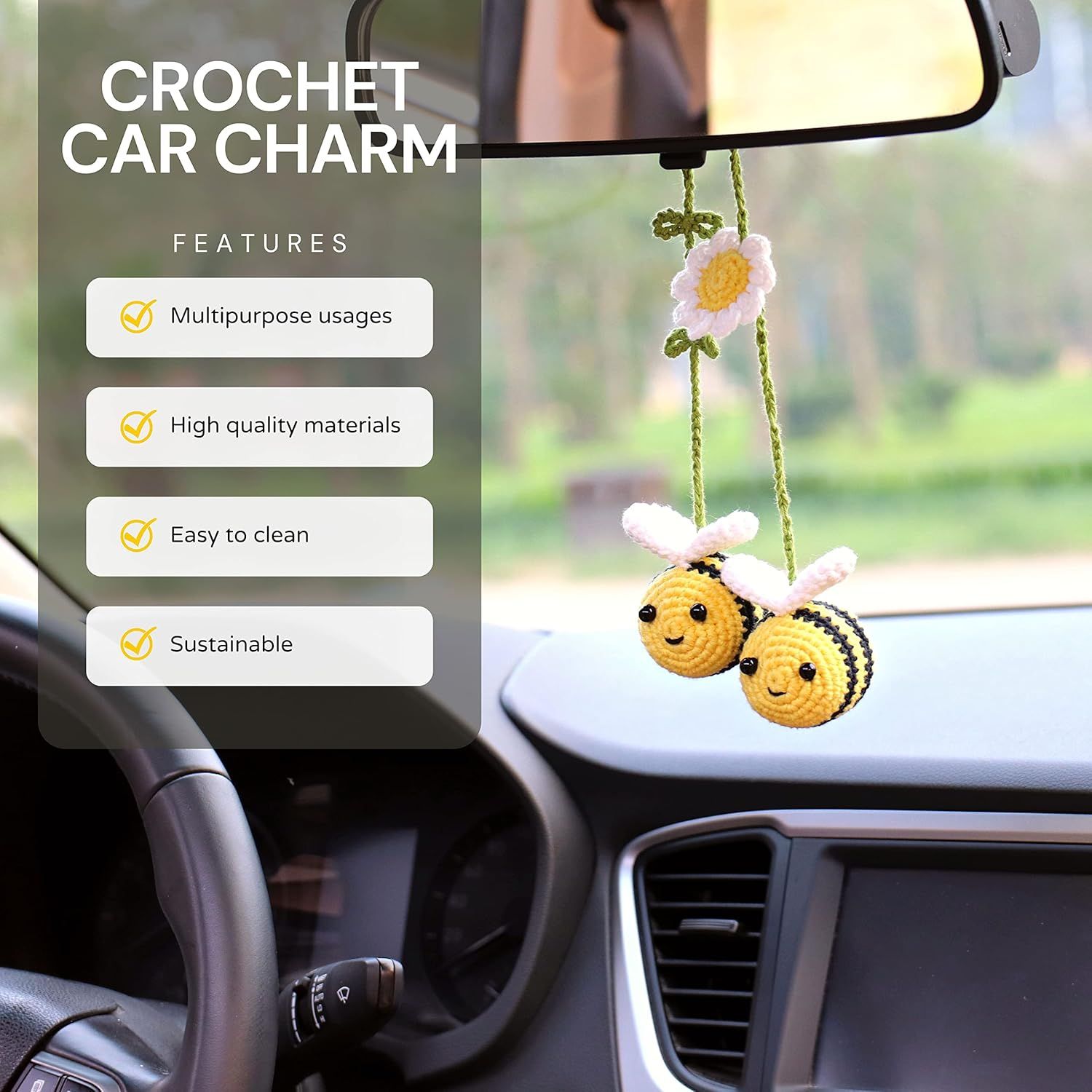 Crochet Bee Car Rear View Mirror Holder, Cute Bumblebee Hanging Ornament, Gift for Bee Lovers, Crochet Lovely Bag Ornament, Automotive Interior Decorations - Image 3