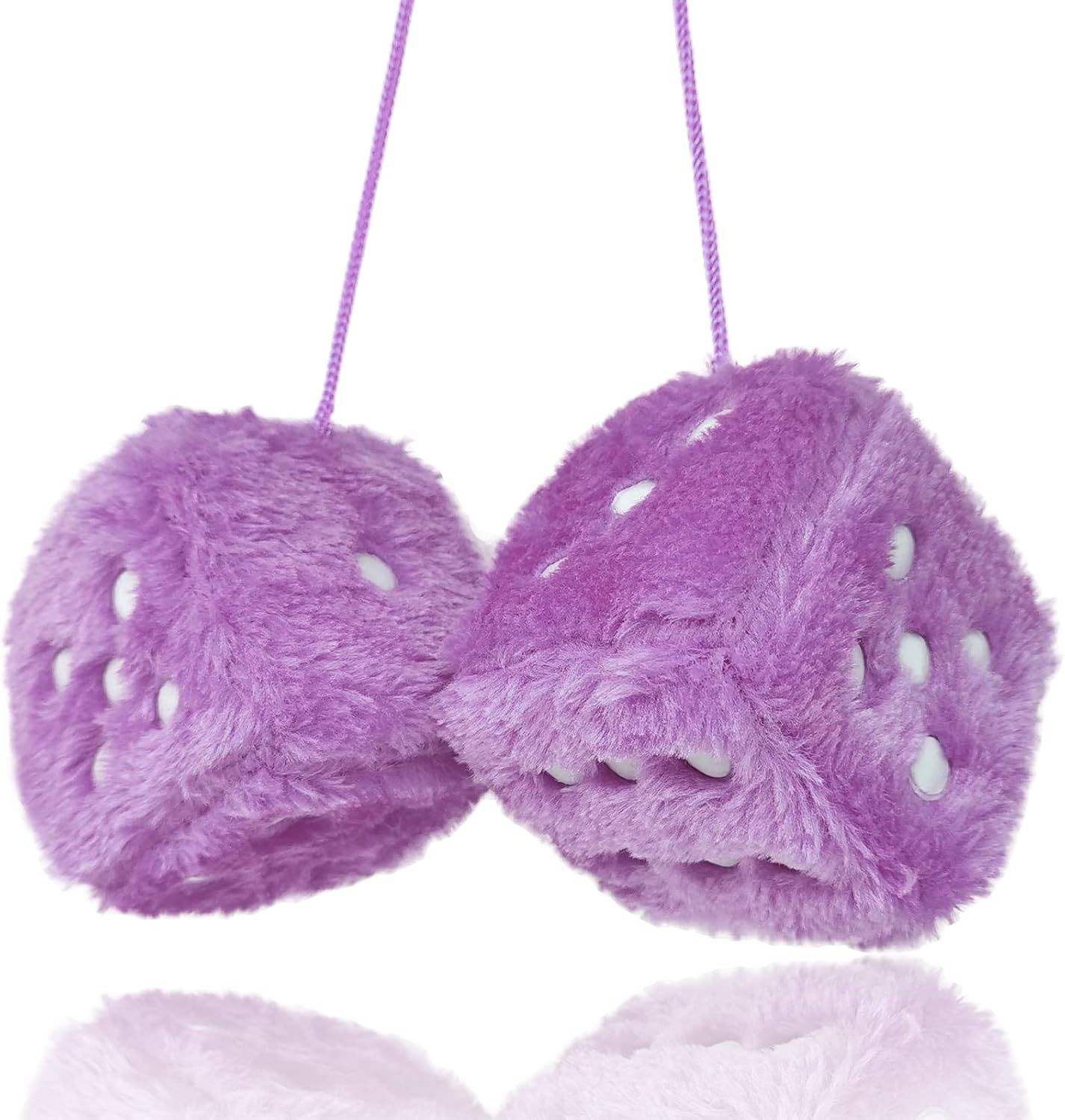 Pair 3” Purple with White Dots Mirror Fuzzy Plush Dice, Purple and White Soft Plush Car Decorative Hanging Ornament - Image 1