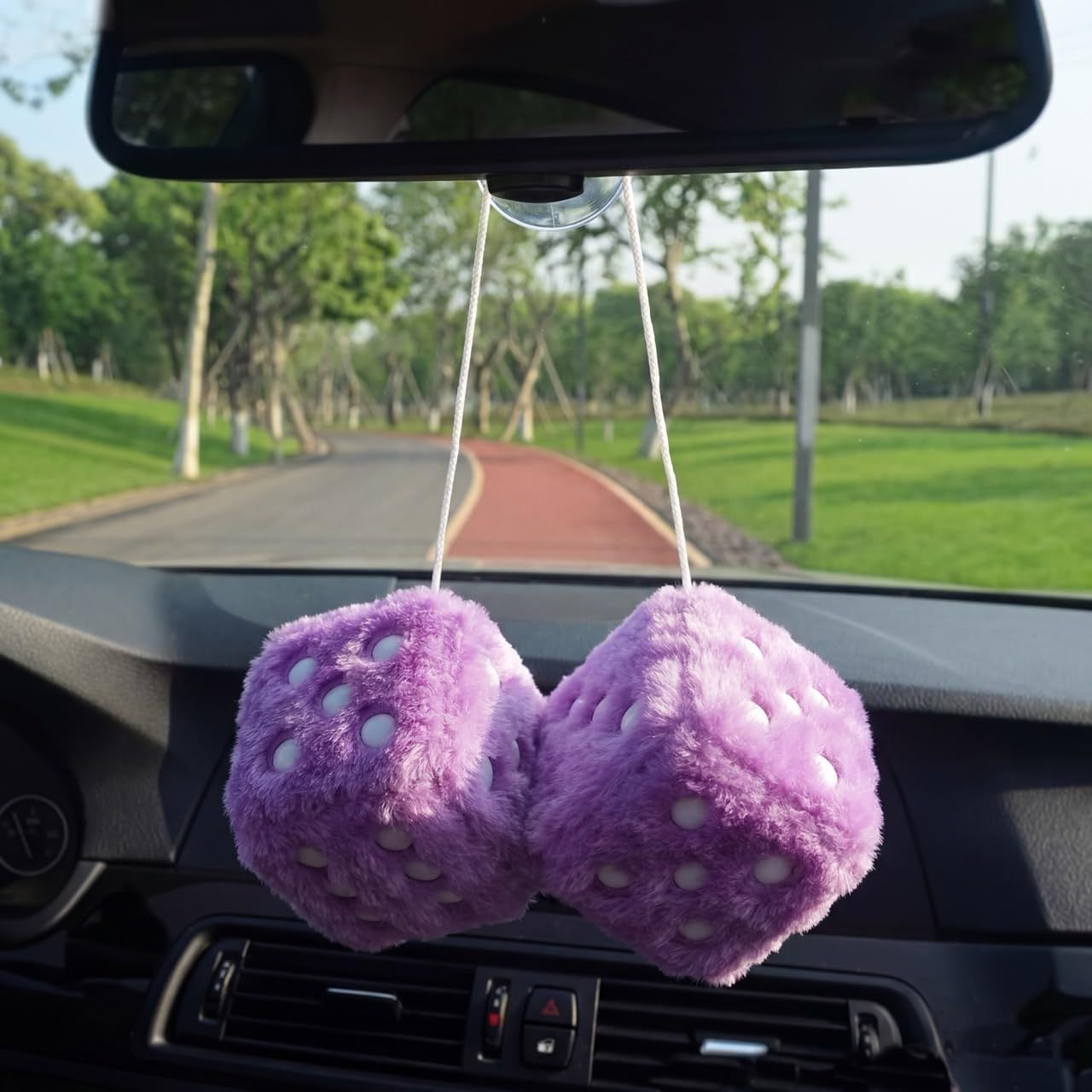Pair 3” Purple with White Dots Mirror Fuzzy Plush Dice, Purple and White Soft Plush Car Decorative Hanging Ornament - Image 3
