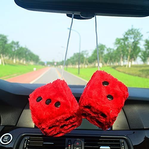 Pair 3” Red with White Dots Mirror Fuzzy Plush Dice,Red and White Soft Plush Car Decorative Hanging Ornament - Image 2