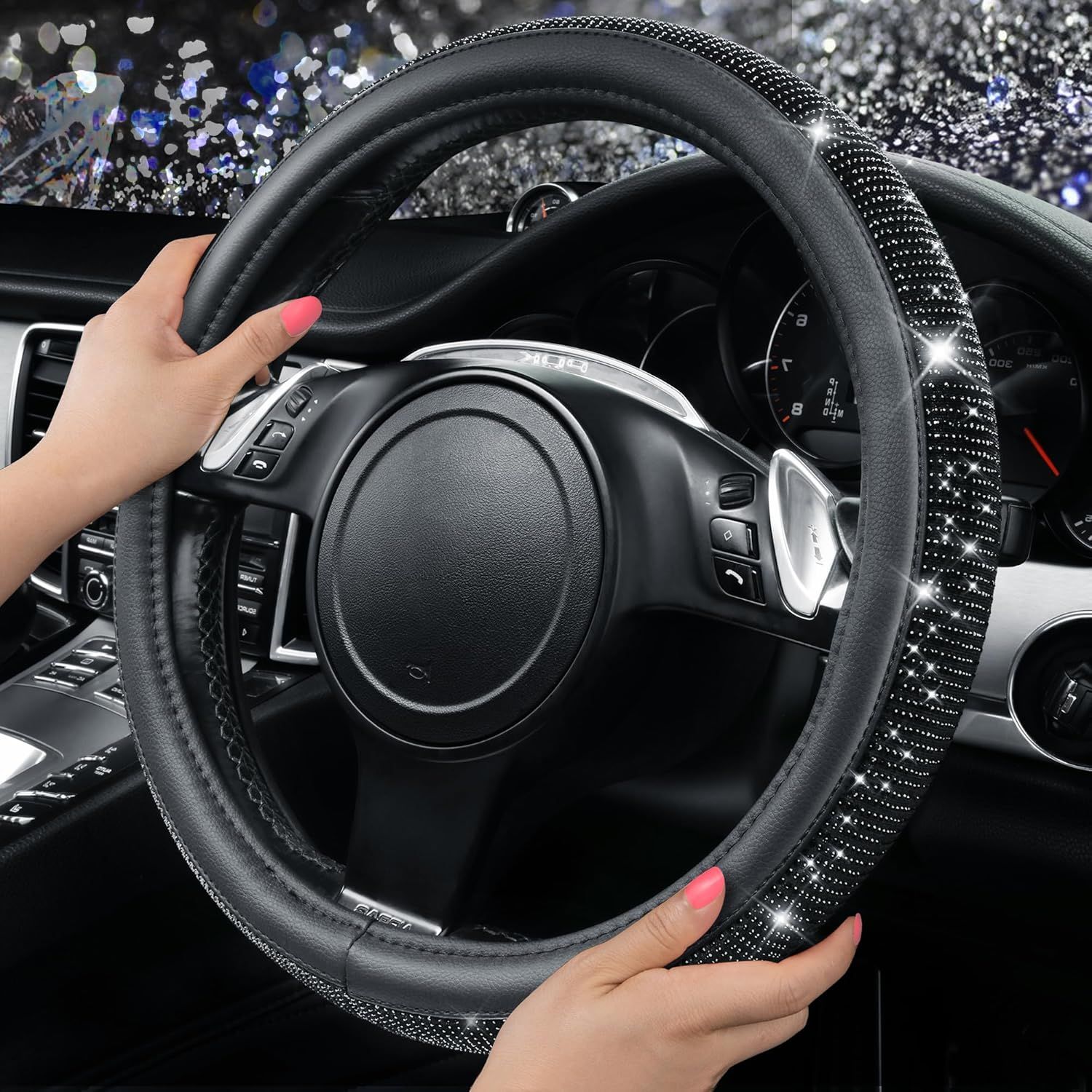 Bling Diamond Leather Steering Wheel Cover, With Sparkly Crystal Glitter Rhinestones Universal Fit 14