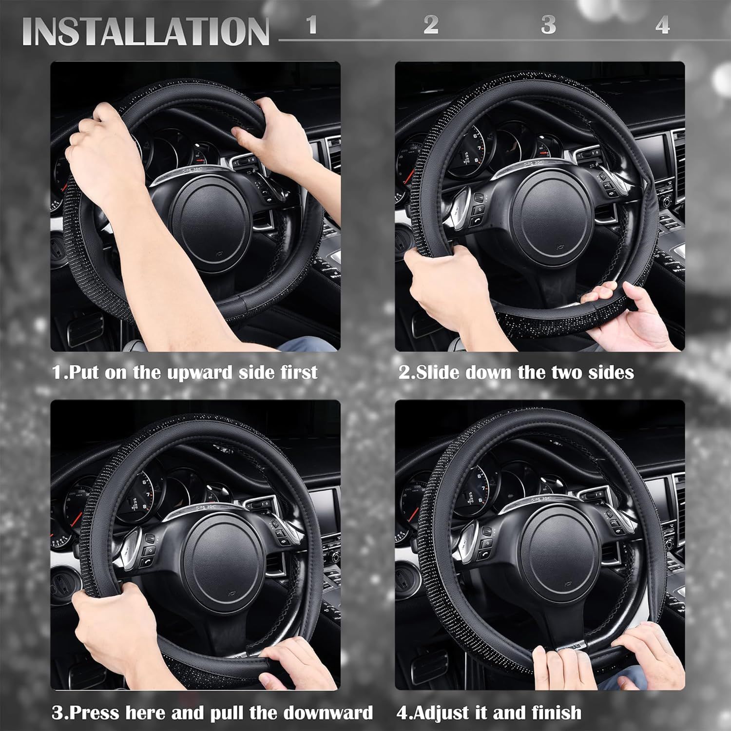Bling Diamond Leather Steering Wheel Cover, With Sparkly Crystal Glitter Rhinestones Universal Fit 14