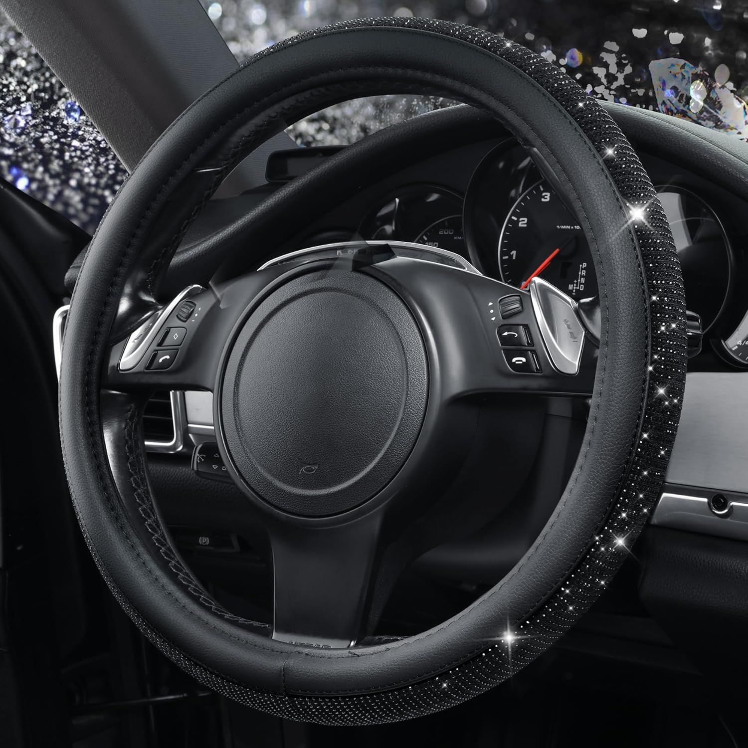 Bling Diamond Leather Steering Wheel Cover, With Sparkly Crystal Glitter Rhinestones Universal Fit 14