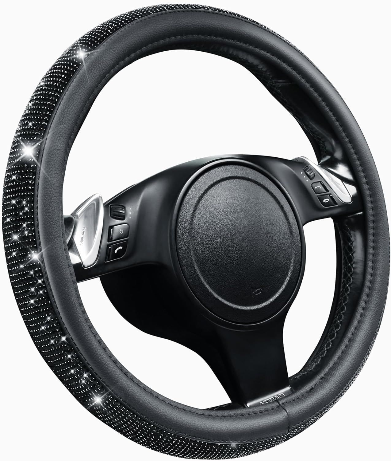 Bling Diamond Leather Steering Wheel Cover, With Sparkly Crystal Glitter Rhinestones Universal Fit 14