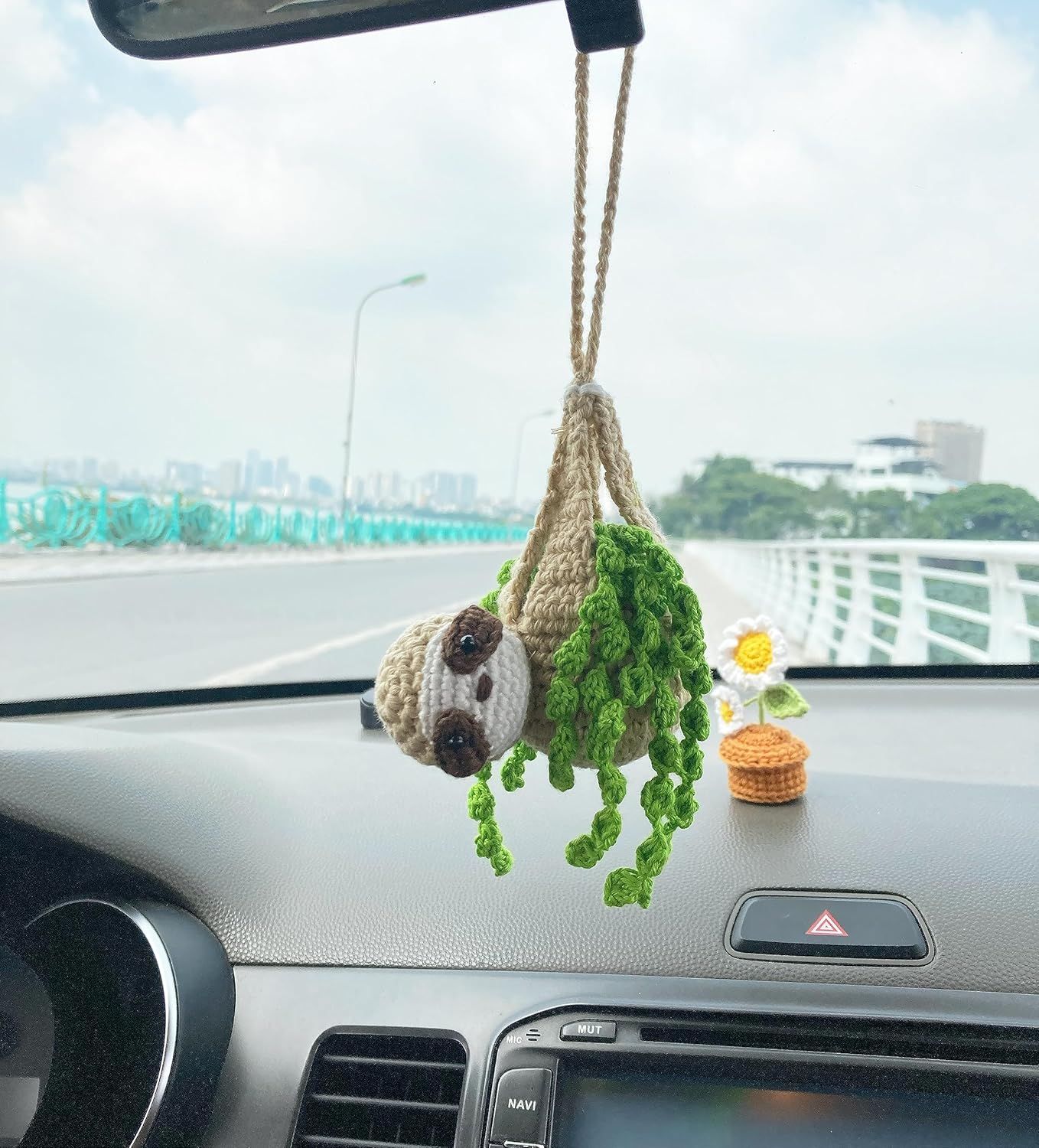 Crochet Sloth Car Rear View Mirror Holder, Cute Hanging Ornament, A Gift for Lovers Hanging, Lovely Bag Automotive Interior Decorations - Image 1
