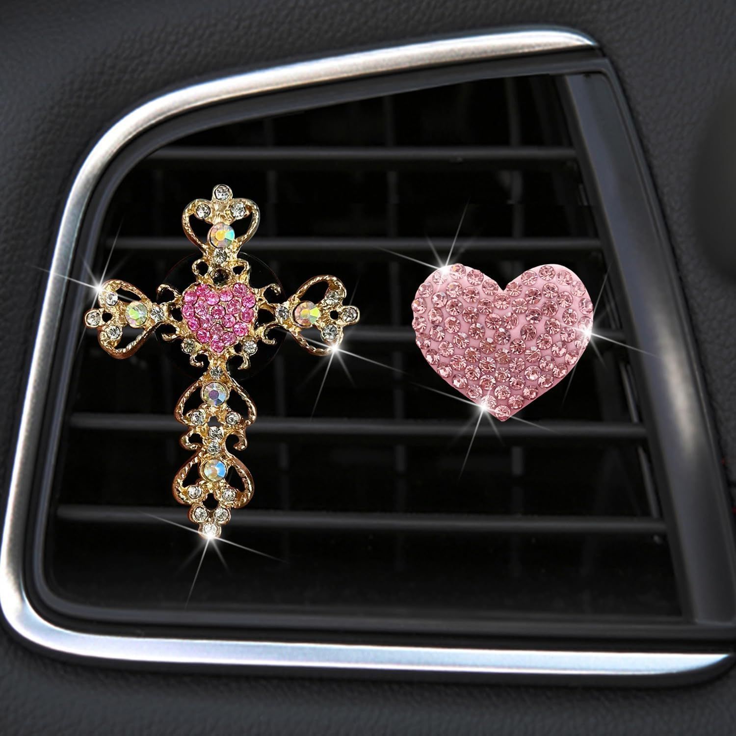 2 Pack Car Vent Clips,Crystal Cross and Heart Air Vent Clips,Bling Car Accessories for Women & Girls(Pink) - Image 1