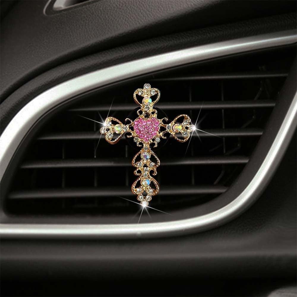 2 Pack Car Vent Clips,Crystal Cross and Heart Air Vent Clips,Bling Car Accessories for Women & Girls(Pink) - Image 4