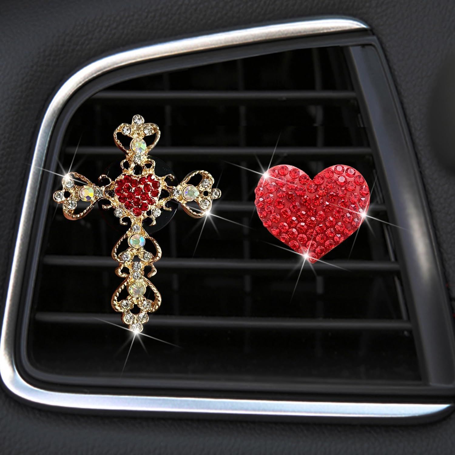 2 Pack Bling Car Vent Clip Decor, Diamond Cross & Heart Air Freshener - Women's Car Essentials (Red) - Image 1