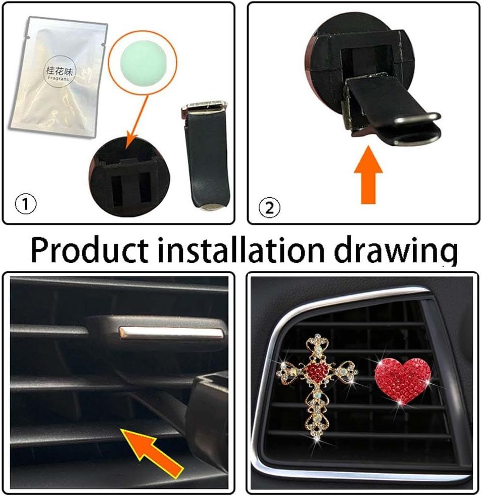 2 Pack Bling Car Vent Clip Decor, Diamond Cross & Heart Air Freshener - Women's Car Essentials (Red) - Image 5