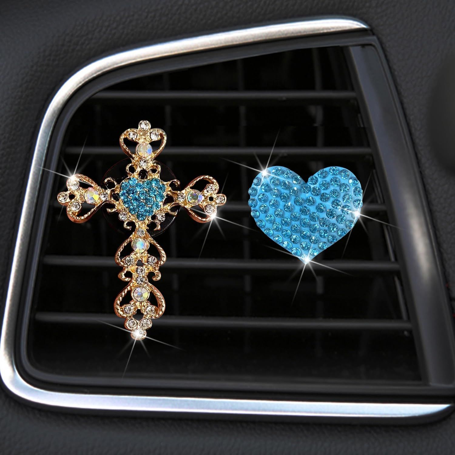2 Pack Car Vent Clip Bling Car Accessories,Crystal Cross and Heart Car Vent Clip Air Freshener,Car Diffuser Vent Clip Diamond Car Decoration Car Essentials for Women(Blue) - Image 1