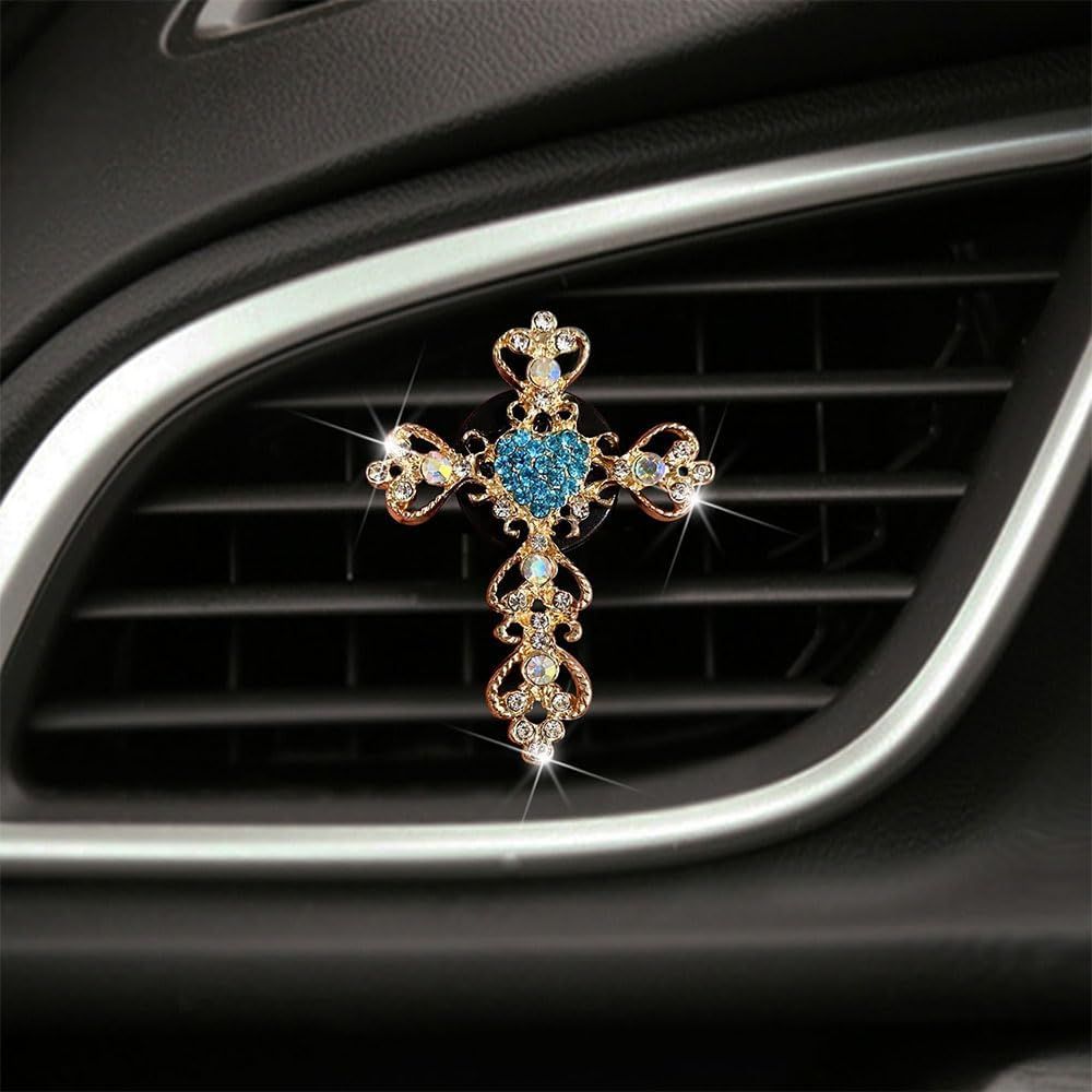 2 Pack Car Vent Clip Bling Car Accessories,Crystal Cross and Heart Car Vent Clip Air Freshener,Car Diffuser Vent Clip Diamond Car Decoration Car Essentials for Women(Blue) - Image 4