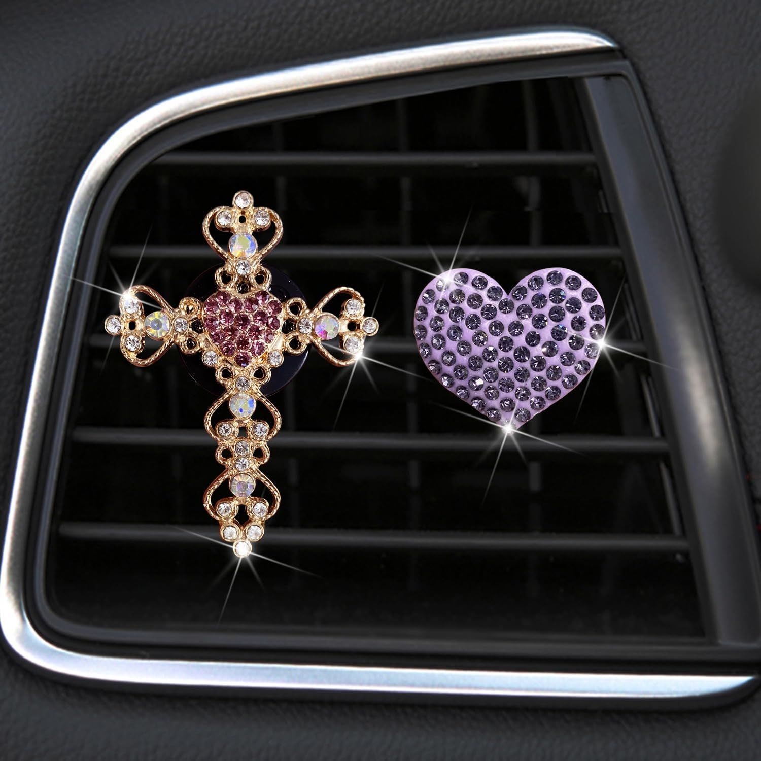 2 Pack Accessories, Crystal Cross & Heart Car Vent Clip Air Freshener, Diamond Car Decoration Essentials for Women (Purple) - Image 1