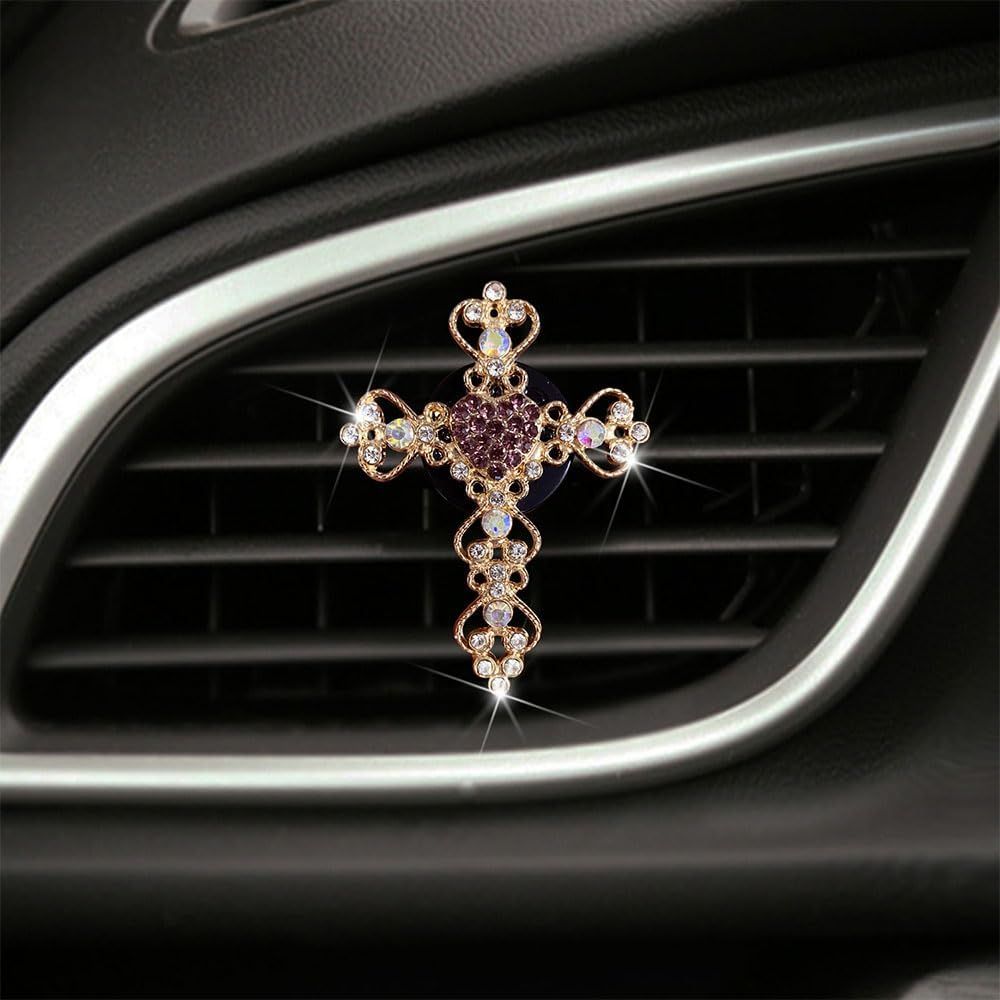 2 Pack Accessories, Crystal Cross & Heart Car Vent Clip Air Freshener, Diamond Car Decoration Essentials for Women (Purple) - Image 4