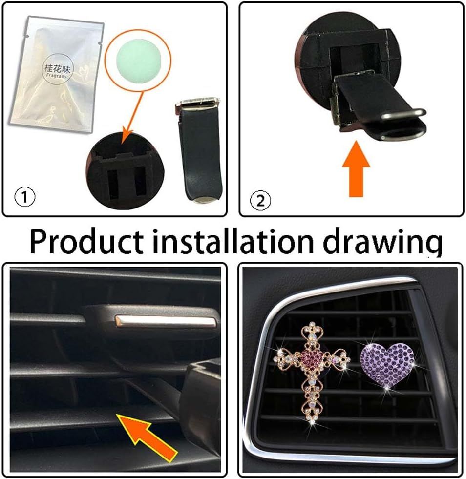 2 Pack Accessories, Crystal Cross & Heart Car Vent Clip Air Freshener, Diamond Car Decoration Essentials for Women (Purple) - Image 5