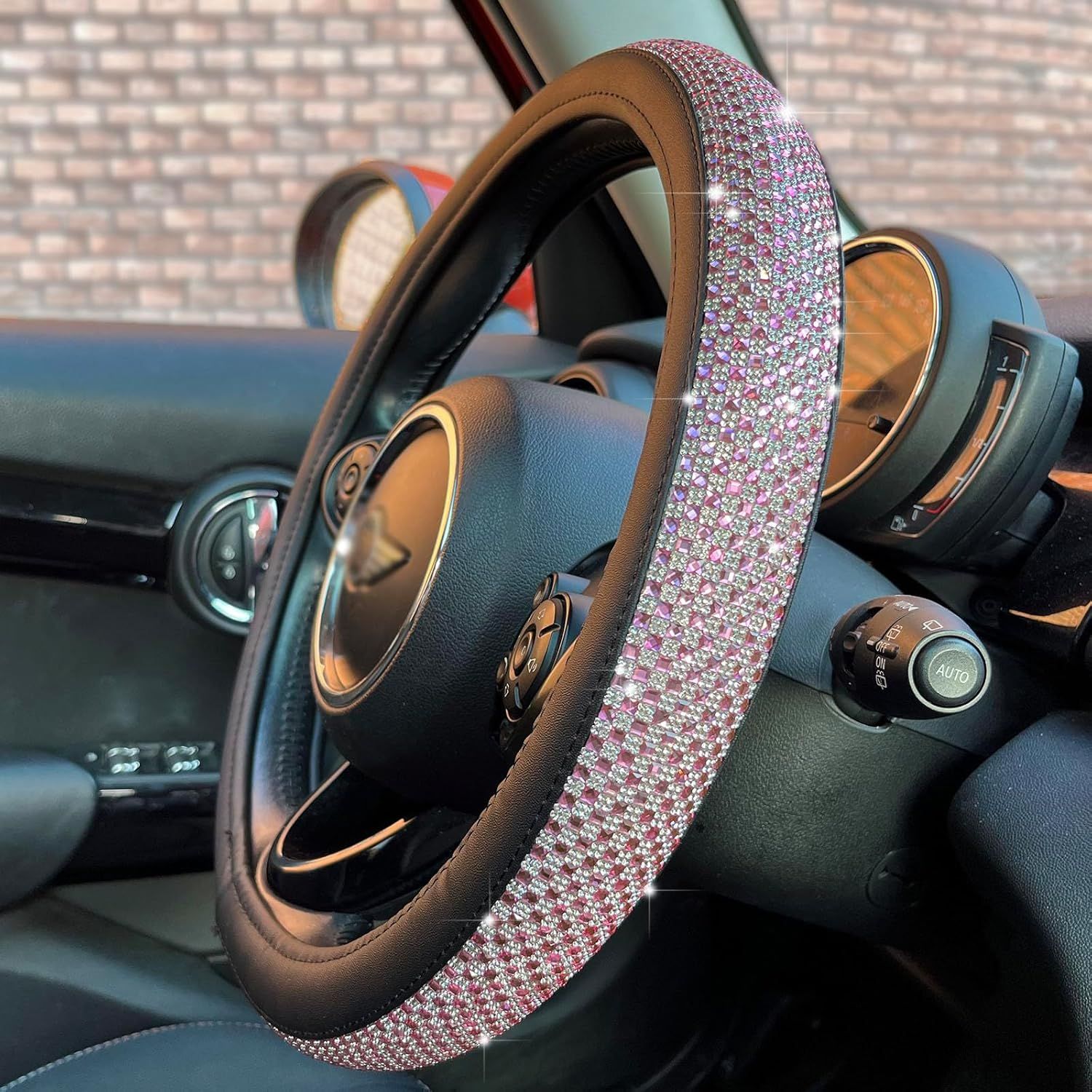 Bling Bling Comfy Steering Wheel Cover with Jumbo Crystal Rhinestones, Anti-Slip Diamond Leather, Universal 15 Inch (Pink) - Image 1
