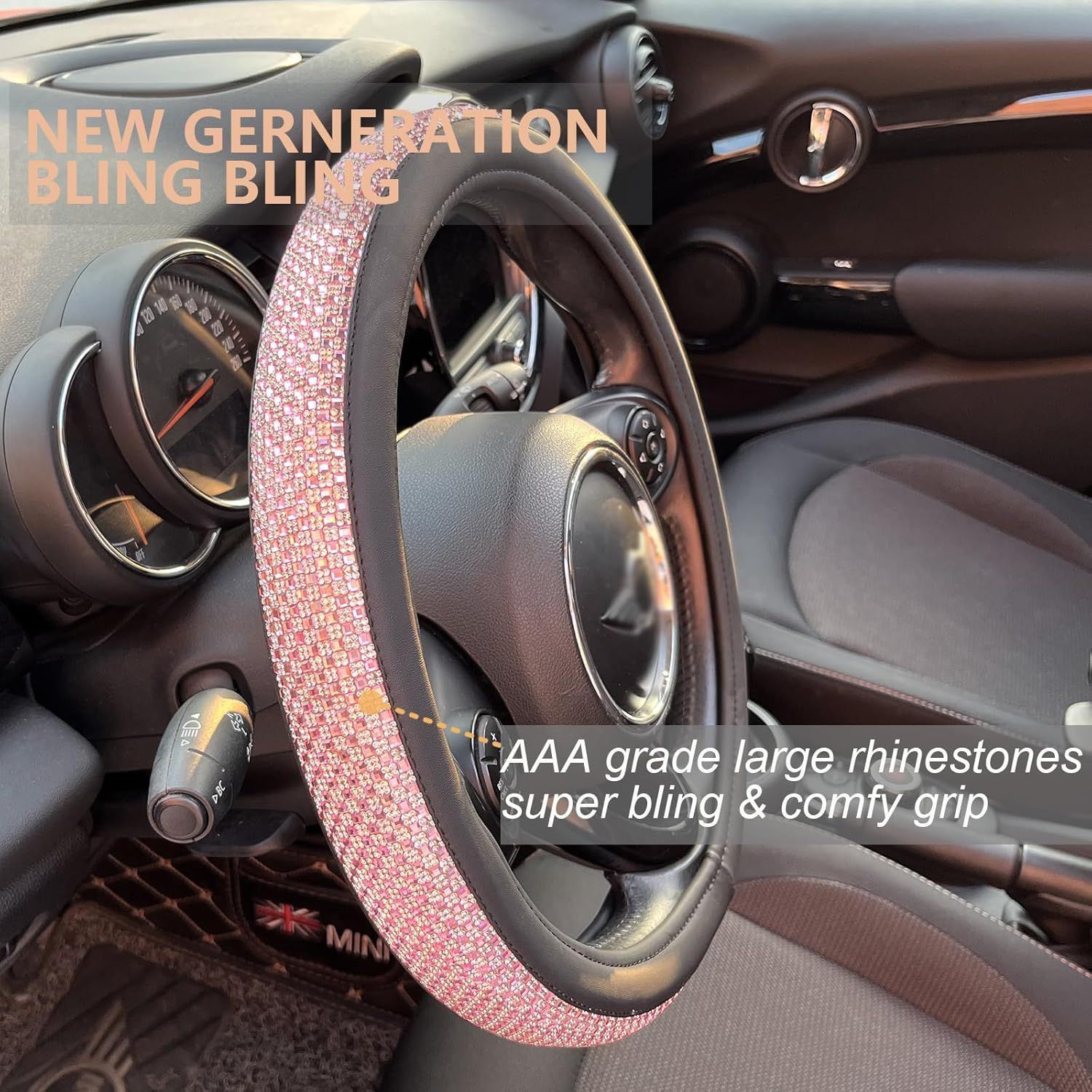 Bling Bling Comfy Steering Wheel Cover with Jumbo Crystal Rhinestones, Anti-Slip Diamond Leather, Universal 15 Inch (Pink) - Image 2
