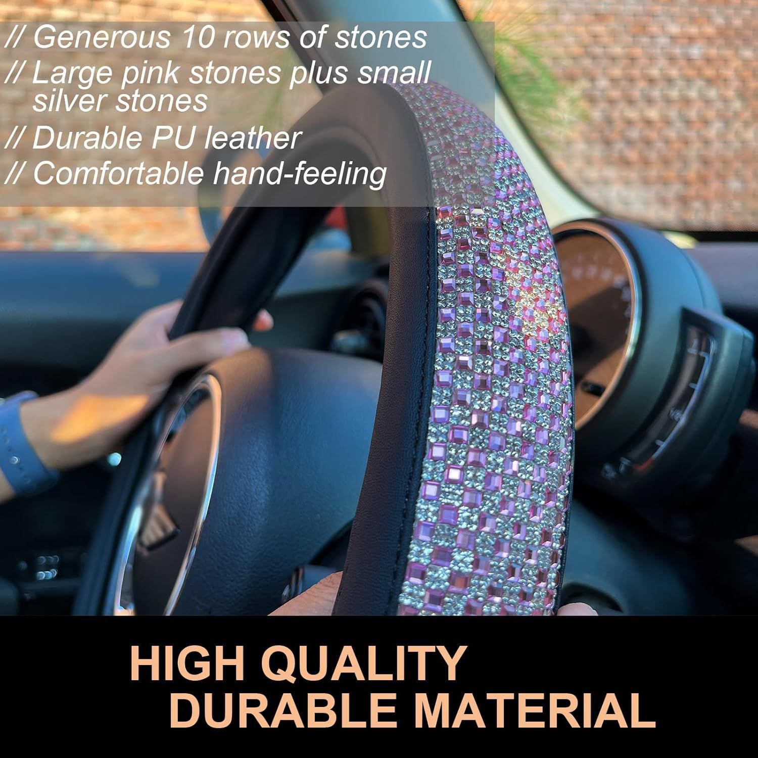 Bling Bling Comfy Steering Wheel Cover with Jumbo Crystal Rhinestones, Anti-Slip Diamond Leather, Universal 15 Inch (Pink) - Image 3
