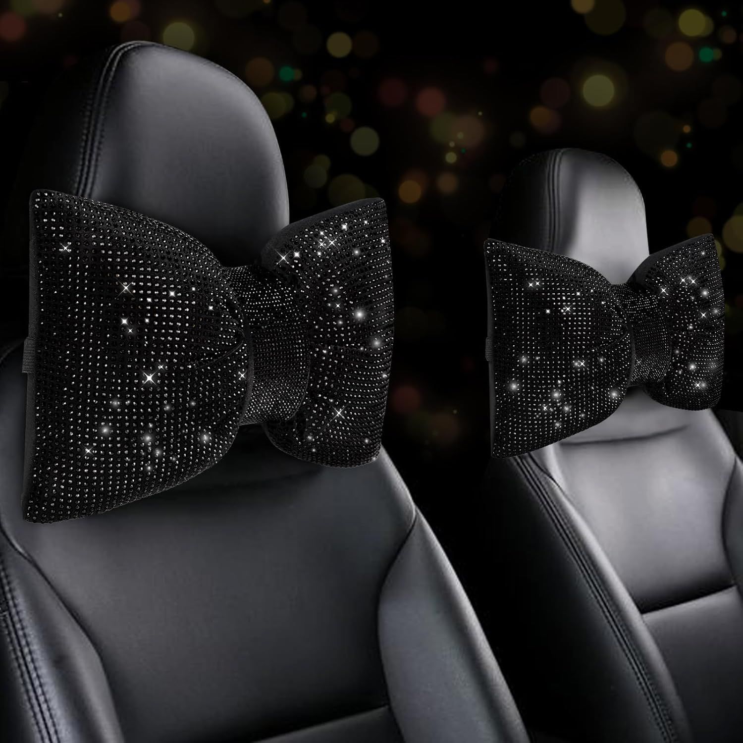 2 PCS Bling Car Pillows,Rhinestones Bowknot Car Headrest Pillow,Car Neck Pillow for Driver Relax Necksupport,Sleeping Travel Support Neck Pillow,Shiny Diamond Interior Accessories for Women,Black - Image 1
