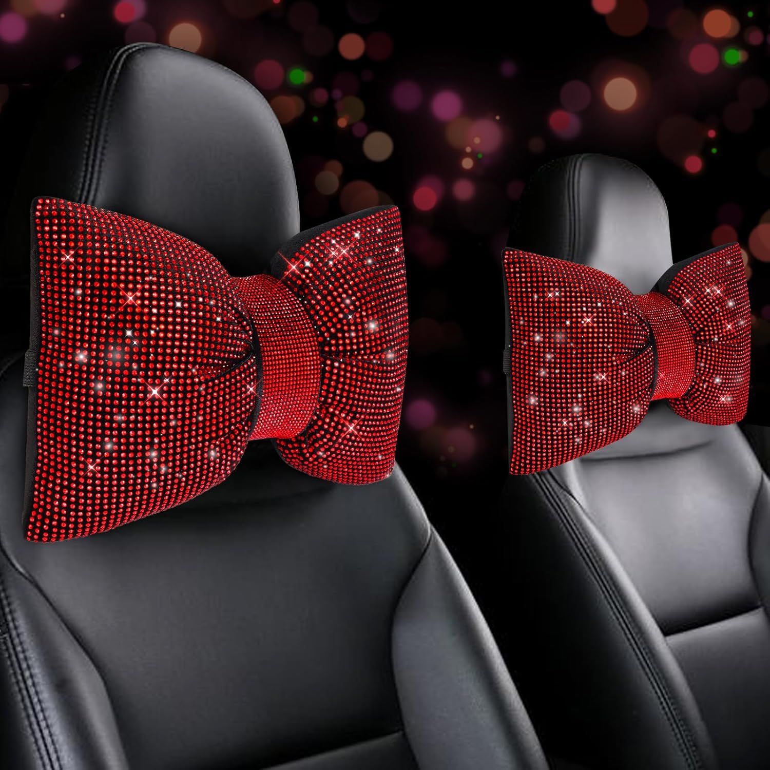 2 PCS Bling Car Pillows,Rhinestones Bowknot Car Headrest Pillow,Car Neck Pillow for Driver Relax Necksupport,Sleeping Travel Support Neck Pillow,Shiny Diamond Interior Accessories for Women,Red - Image 1
