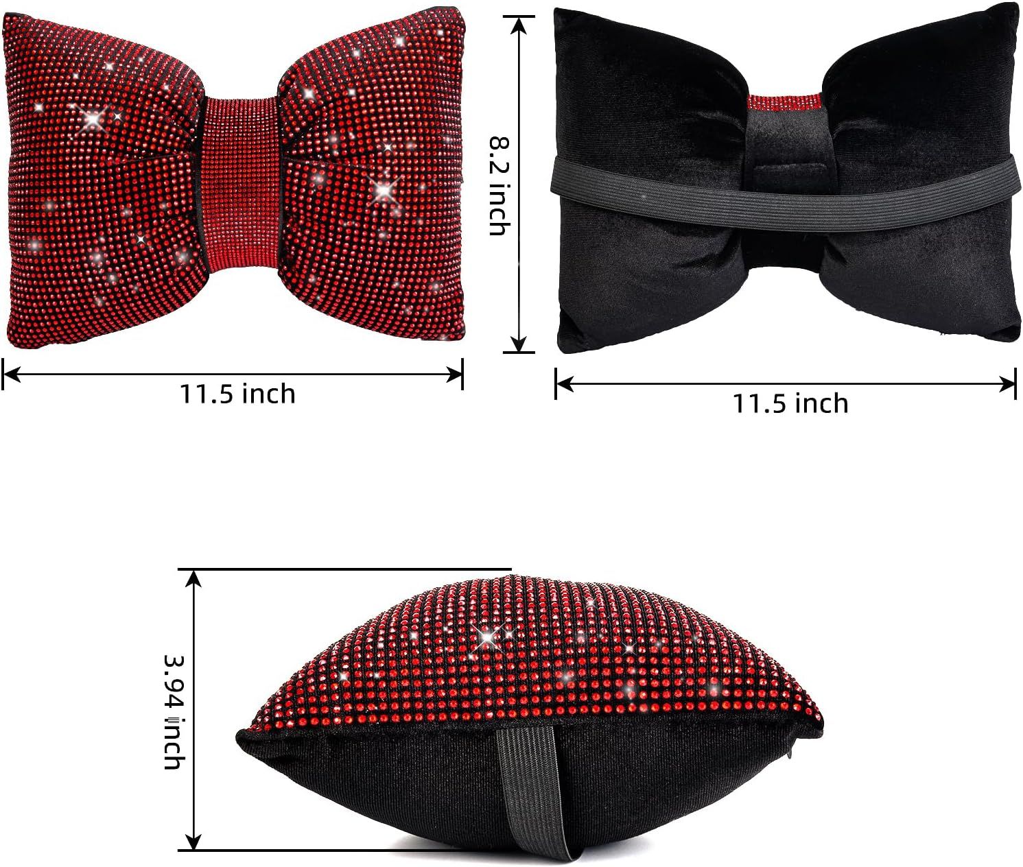 2 PCS Bling Car Pillows,Rhinestones Bowknot Car Headrest Pillow,Car Neck Pillow for Driver Relax Necksupport,Sleeping Travel Support Neck Pillow,Shiny Diamond Interior Accessories for Women,Red - Image 2