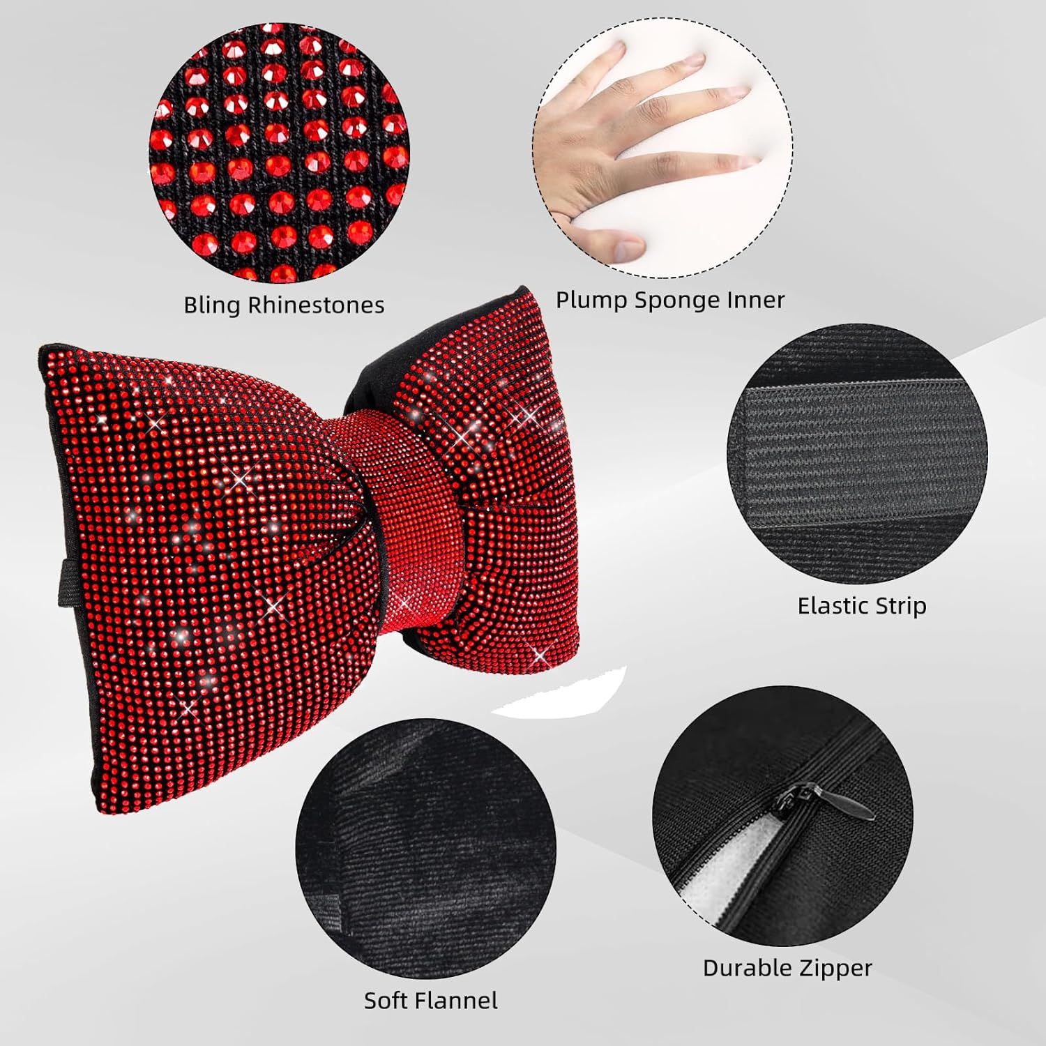2 PCS Bling Car Pillows,Rhinestones Bowknot Car Headrest Pillow,Car Neck Pillow for Driver Relax Necksupport,Sleeping Travel Support Neck Pillow,Shiny Diamond Interior Accessories for Women,Red - Image 4