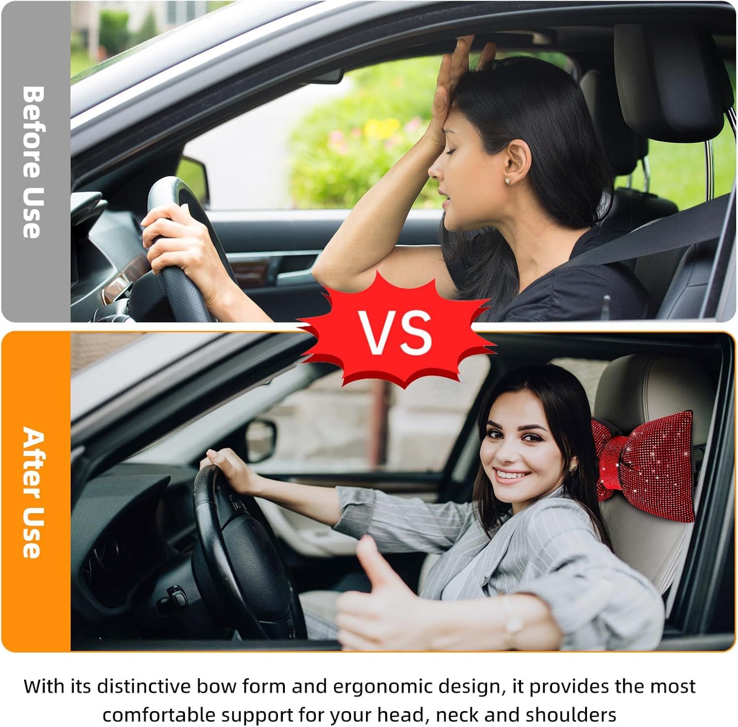 2 PCS Bling Car Pillows,Rhinestones Bowknot Car Headrest Pillow,Car Neck Pillow for Driver Relax Necksupport,Sleeping Travel Support Neck Pillow,Shiny Diamond Interior Accessories for Women,Red - Image 5