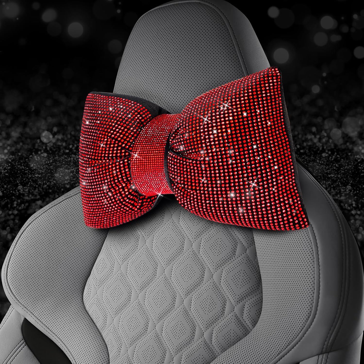 2 PCS Bling Car Pillows,Rhinestones Bowknot Car Headrest Pillow,Car Neck Pillow for Driver Relax Necksupport,Sleeping Travel Support Neck Pillow,Shiny Diamond Interior Accessories for Women,Red - Image 6