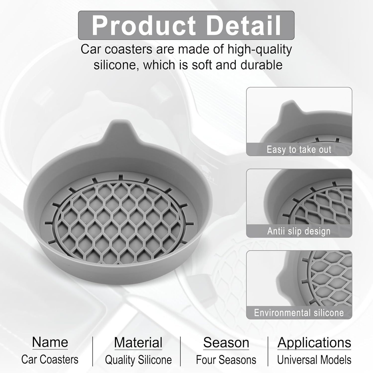 Car Cup Holder Coaster, Silicone Cup Holder Insert, Universal Non-Slip Cup Holders, Car Accessories Interior for Women and Man 4 Pack Gray - Image 3