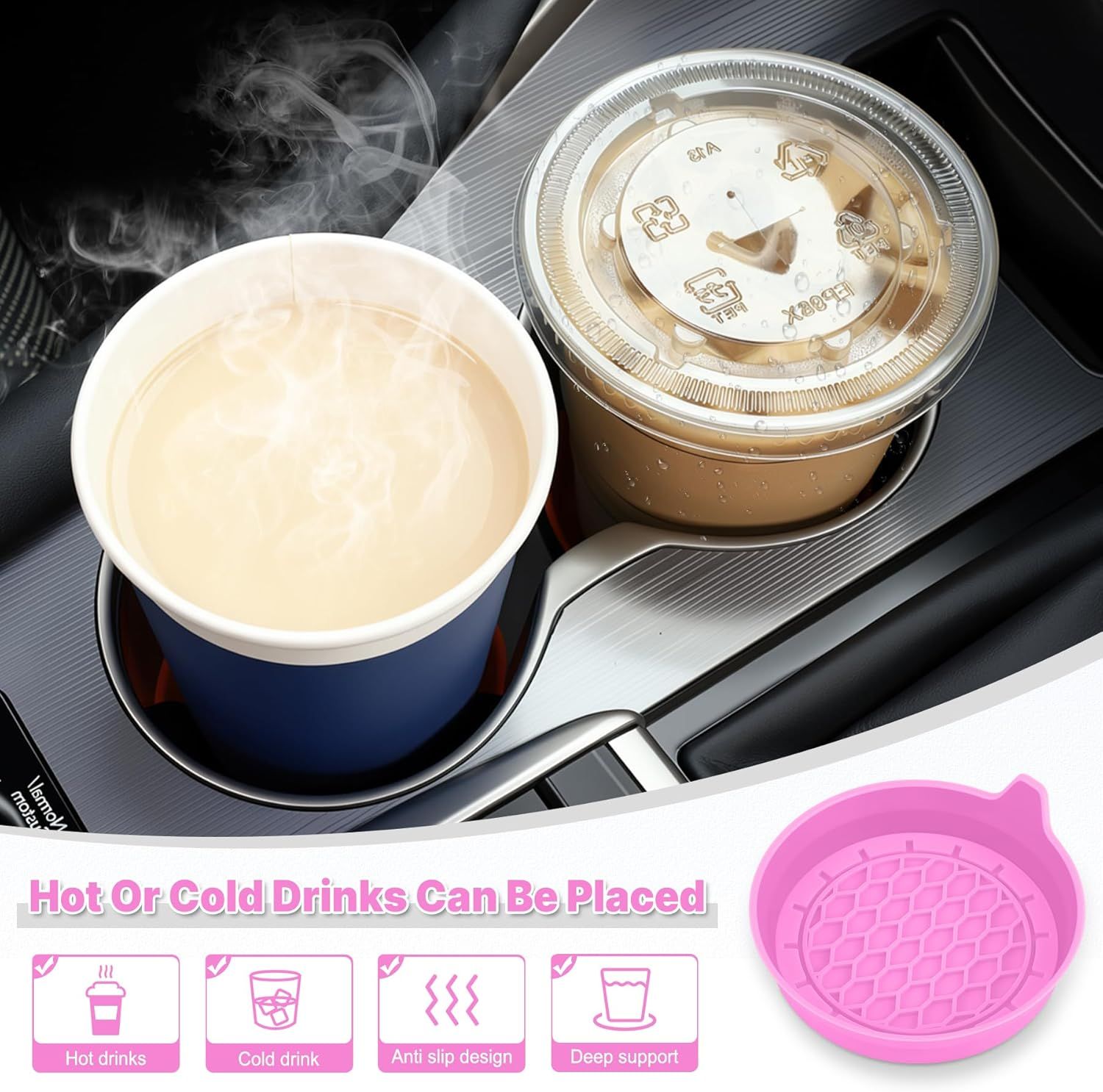 Car Cup Holder Coaster, Silicone Cup Holder Insert, Universal Non-Slip Cup Holders, Car Accessories Interior for Women and Man 4 Pack Pink - Image 3