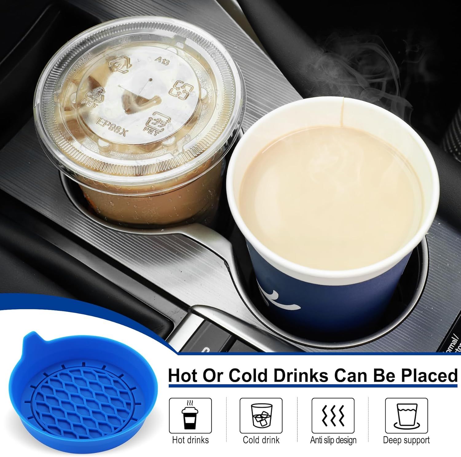 Car Cup Holder Coaster, Silicone Cup Holder Insert, Universal Non-Slip Cup Holders, Car Accessories Interior for Women and Man 4 Pack Blue - Image 3