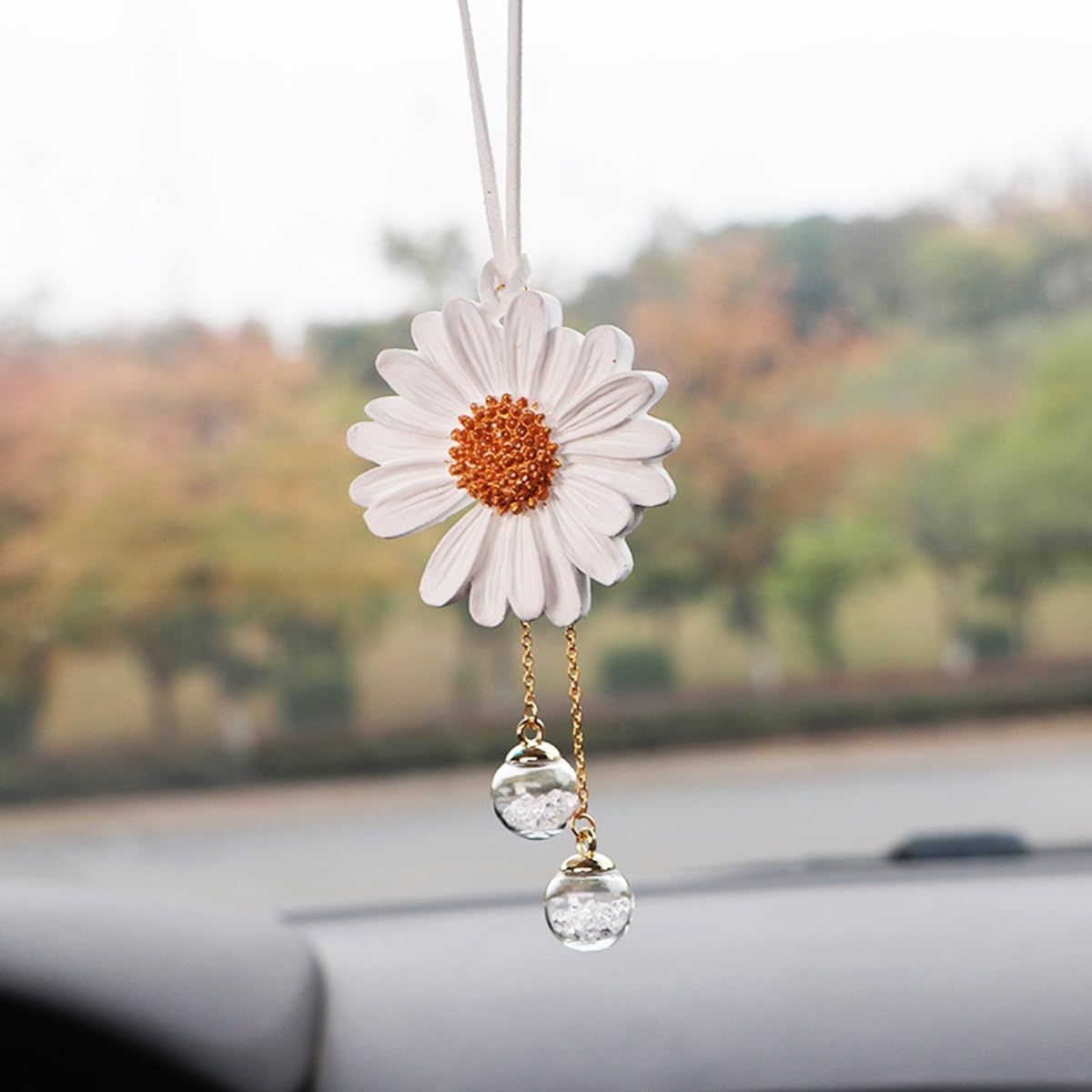 Daisy Car Hanging Ornaments for Women Girls Cute Sunflower Car Rear View Mirror Hanging Charms Automotive Interior Aesthetic Decoration Accessories Gift (White) - Image 4