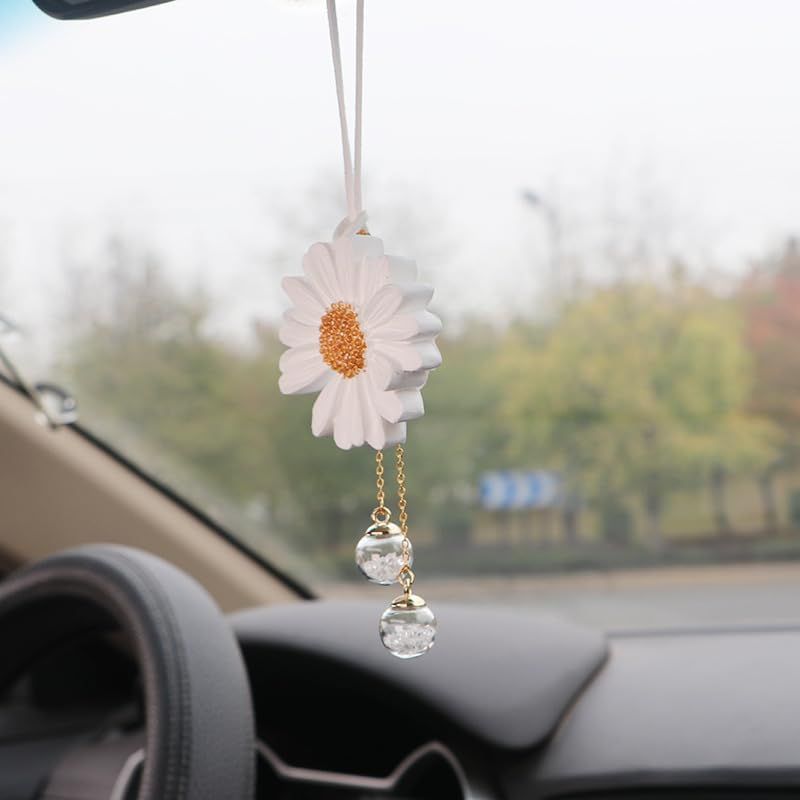 Daisy Car Hanging Ornaments for Women Girls Cute Sunflower Car Rear View Mirror Hanging Charms Automotive Interior Aesthetic Decoration Accessories Gift (White) - Image 5