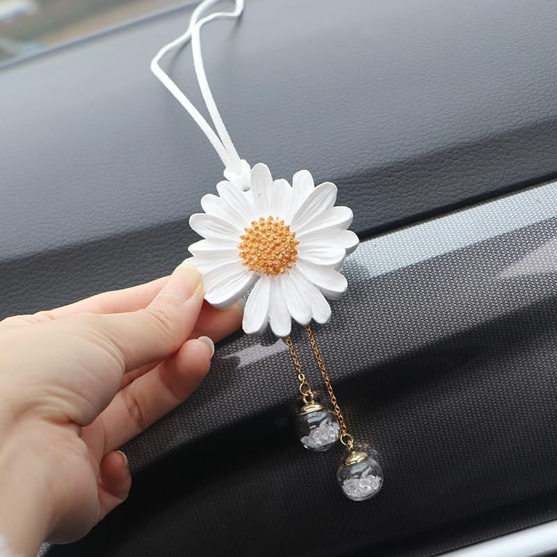 Daisy Car Hanging Ornaments for Women Girls Cute Sunflower Car Rear View Mirror Hanging Charms Automotive Interior Aesthetic Decoration Accessories Gift (White) - Image 6