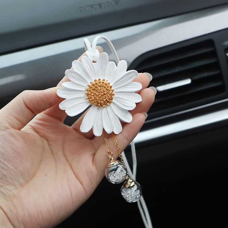 Daisy Car Hanging Ornaments for Women Girls Cute Sunflower Car Rear View Mirror Hanging Charms Automotive Interior Aesthetic Decoration Accessories Gift (White) - Image 7