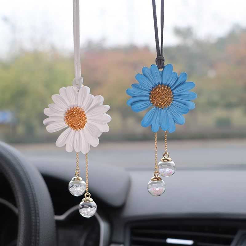 Daisy Car Hanging Ornaments for Women Girls Cute Sunflower Car Rear View Mirror Hanging Charms Automotive Interior Aesthetic Decoration Accessories Gift (White) - Image 8